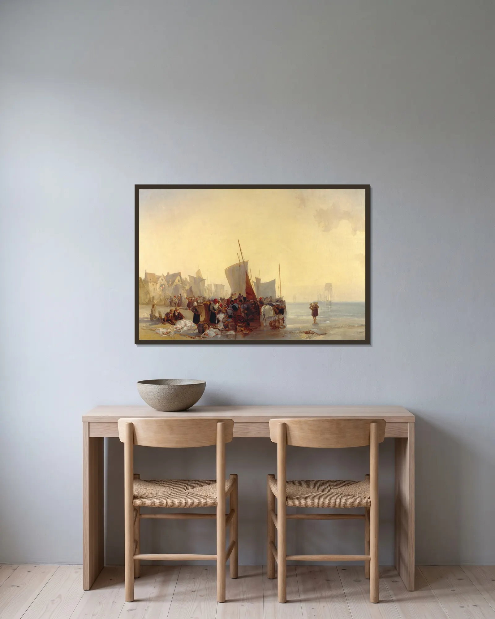 Fishmarket av Richard Parkes Bonington inramad på en vägg
