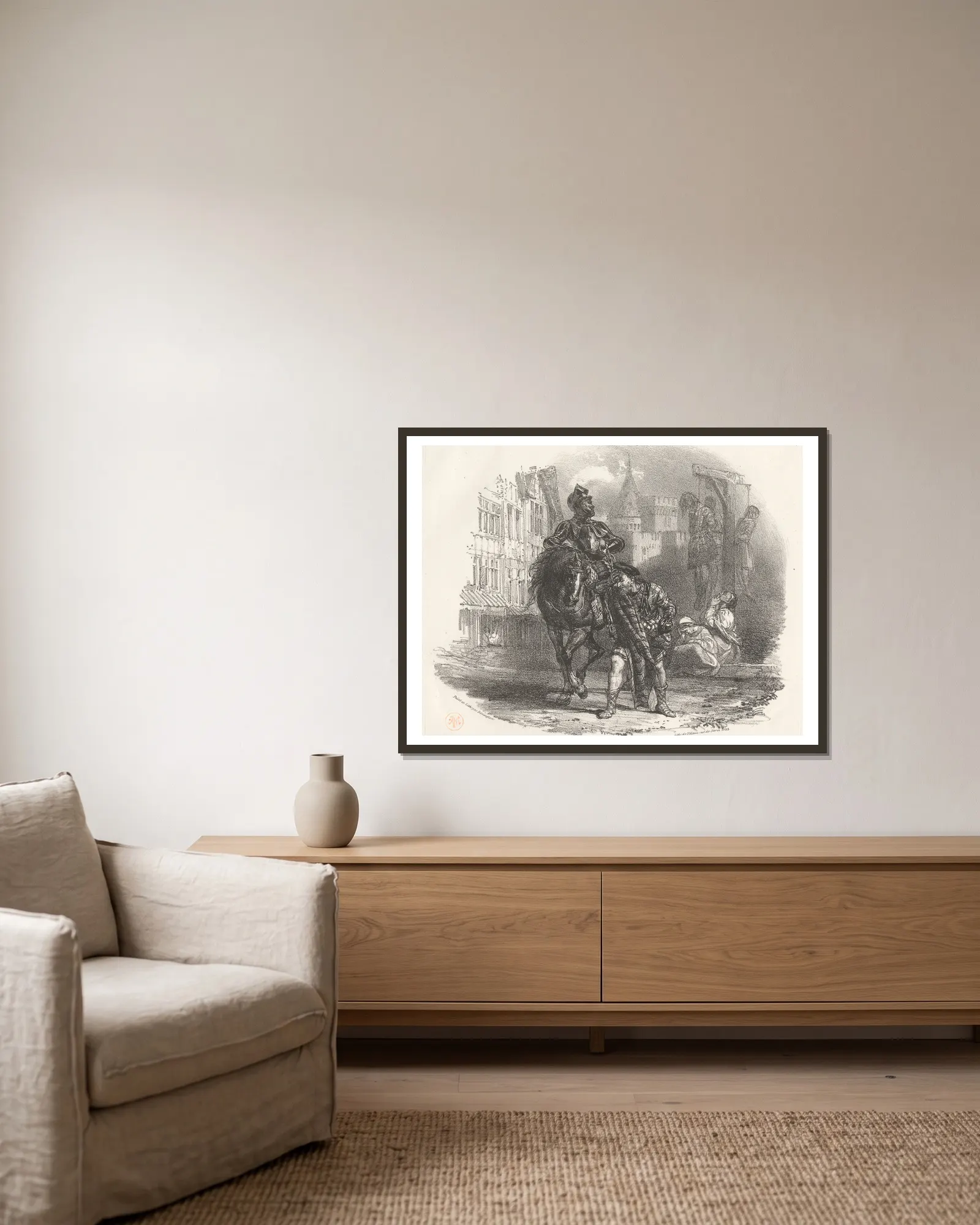 Les Pendus av Richard Parkes Bonington inramad på en vägg