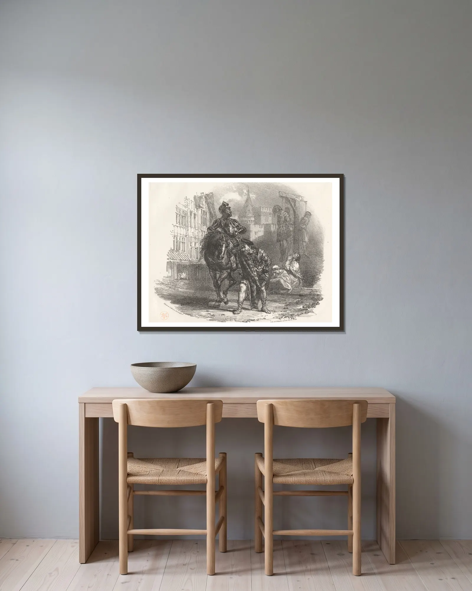 Les Pendus av Richard Parkes Bonington inramad på en vägg