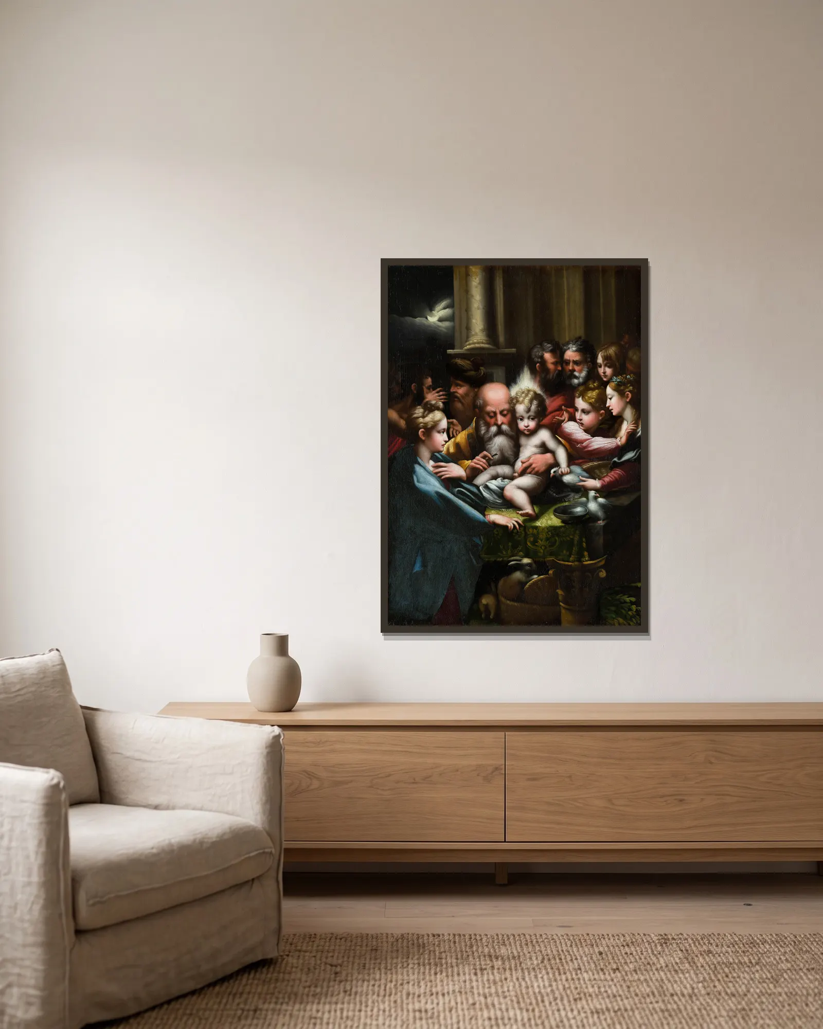 The Circumcision av Parmigianino inramad på en vägg