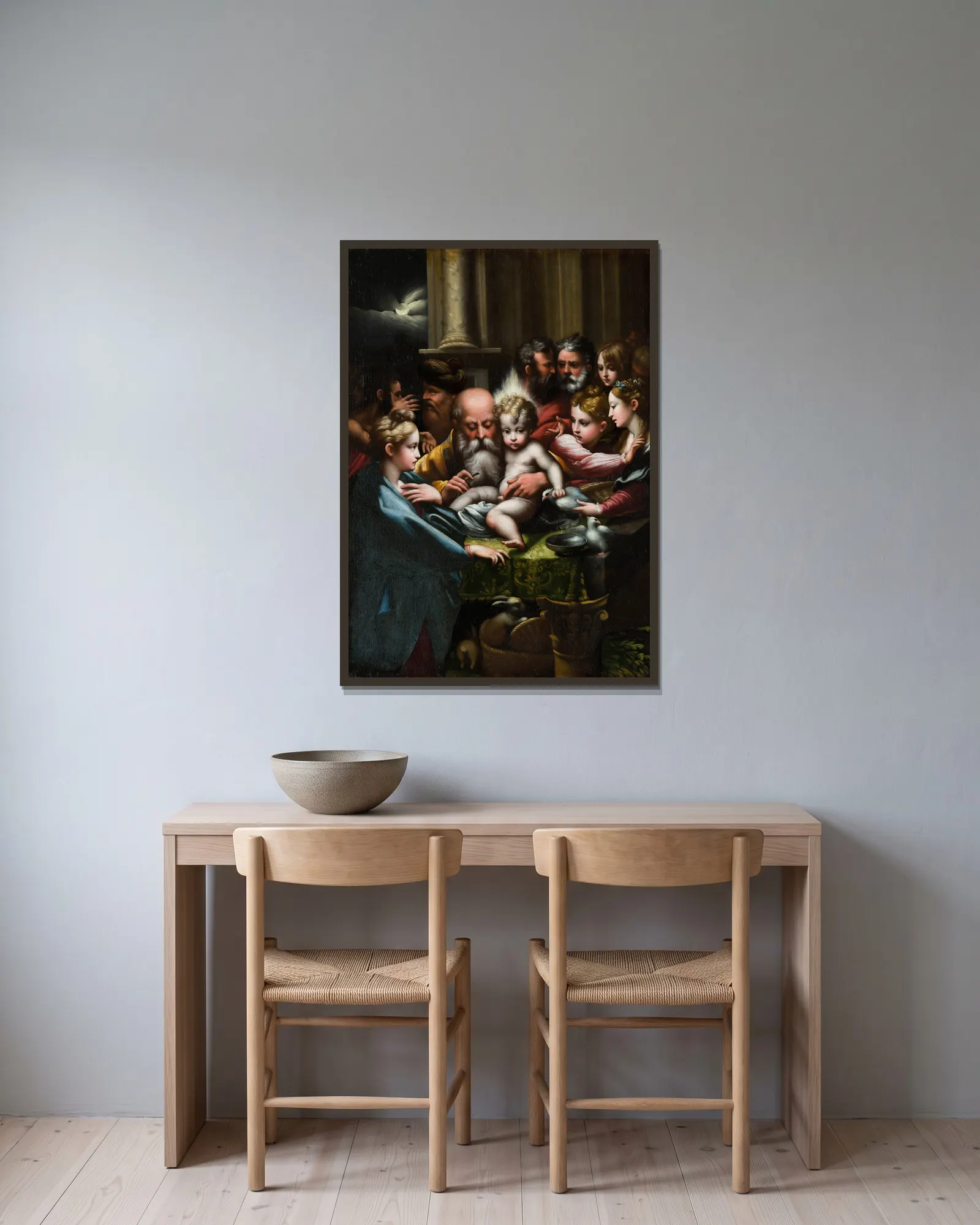 The Circumcision av Parmigianino inramad på en vägg