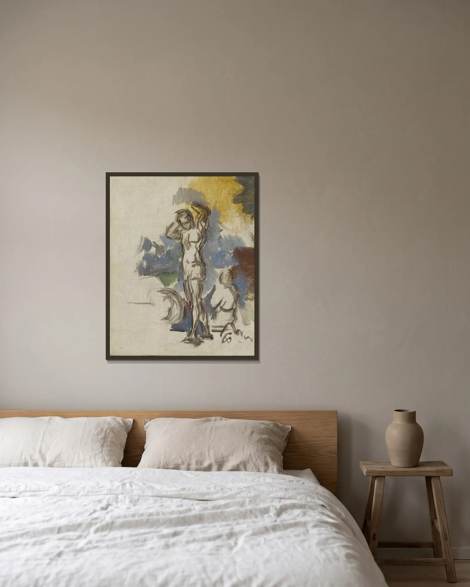 Baigneurs av Paul Cézanne inramad på en vägg