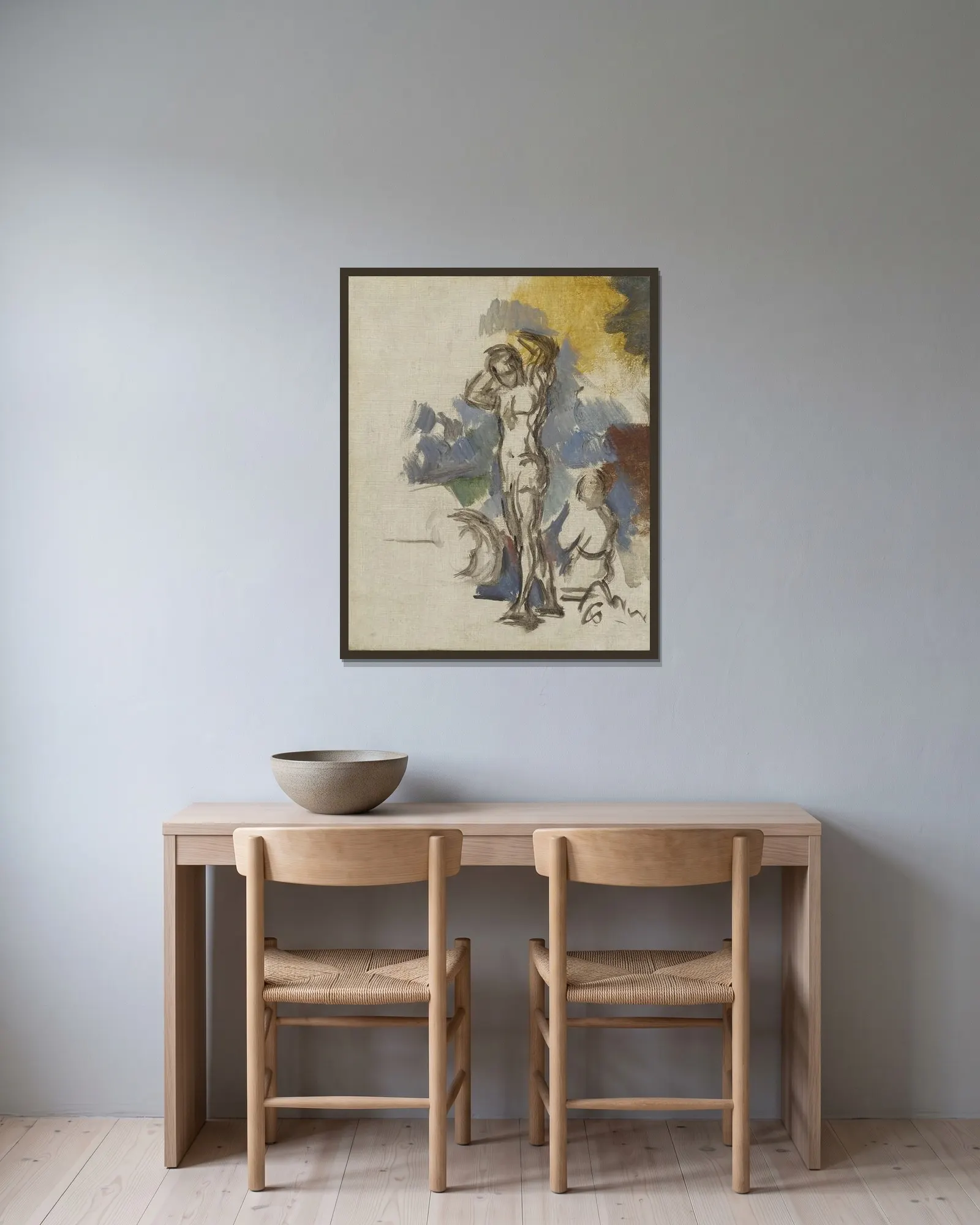 Baigneurs av Paul Cézanne inramad på en vägg