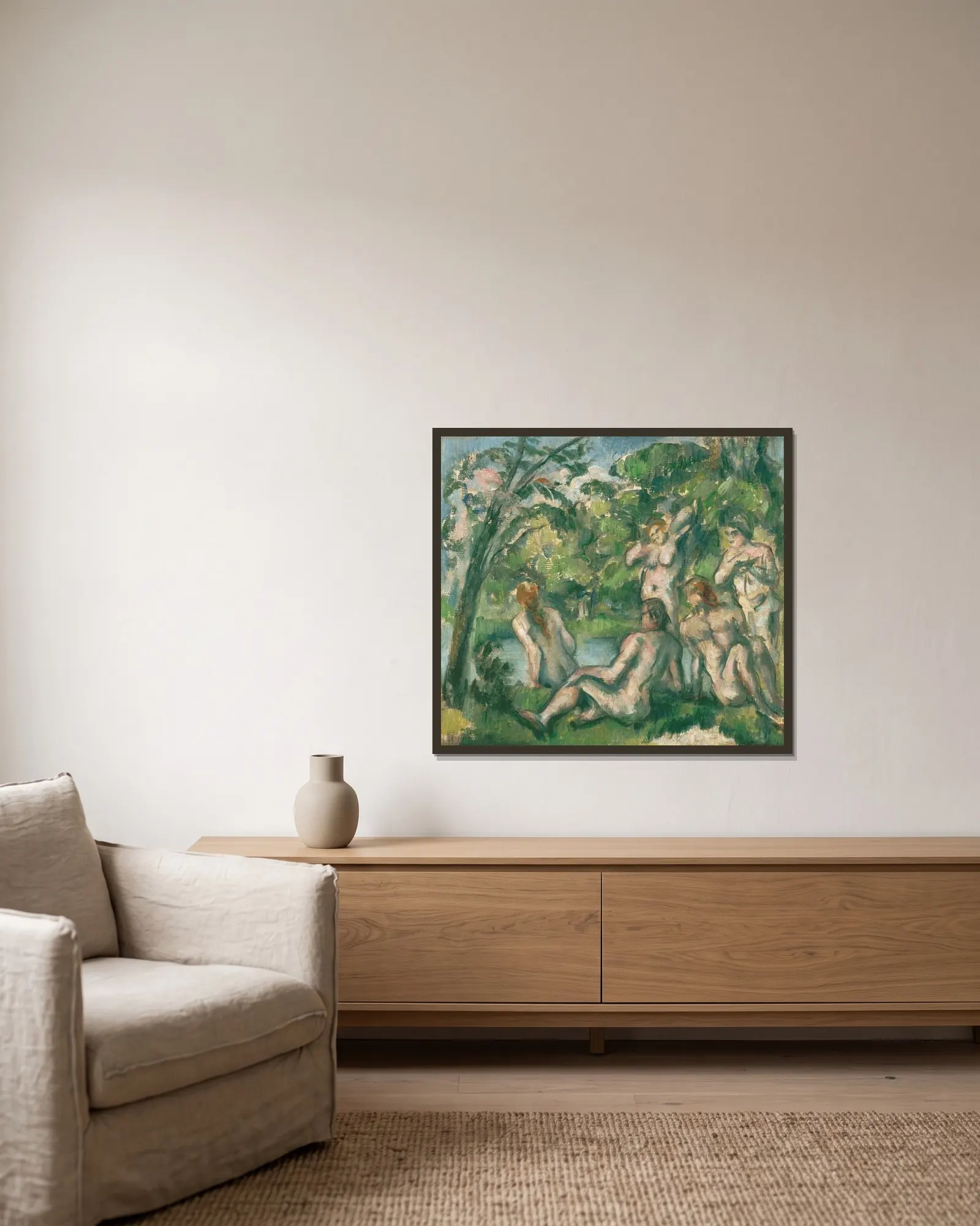 Bathers 2 av Paul Cézanne inramad på en vägg
