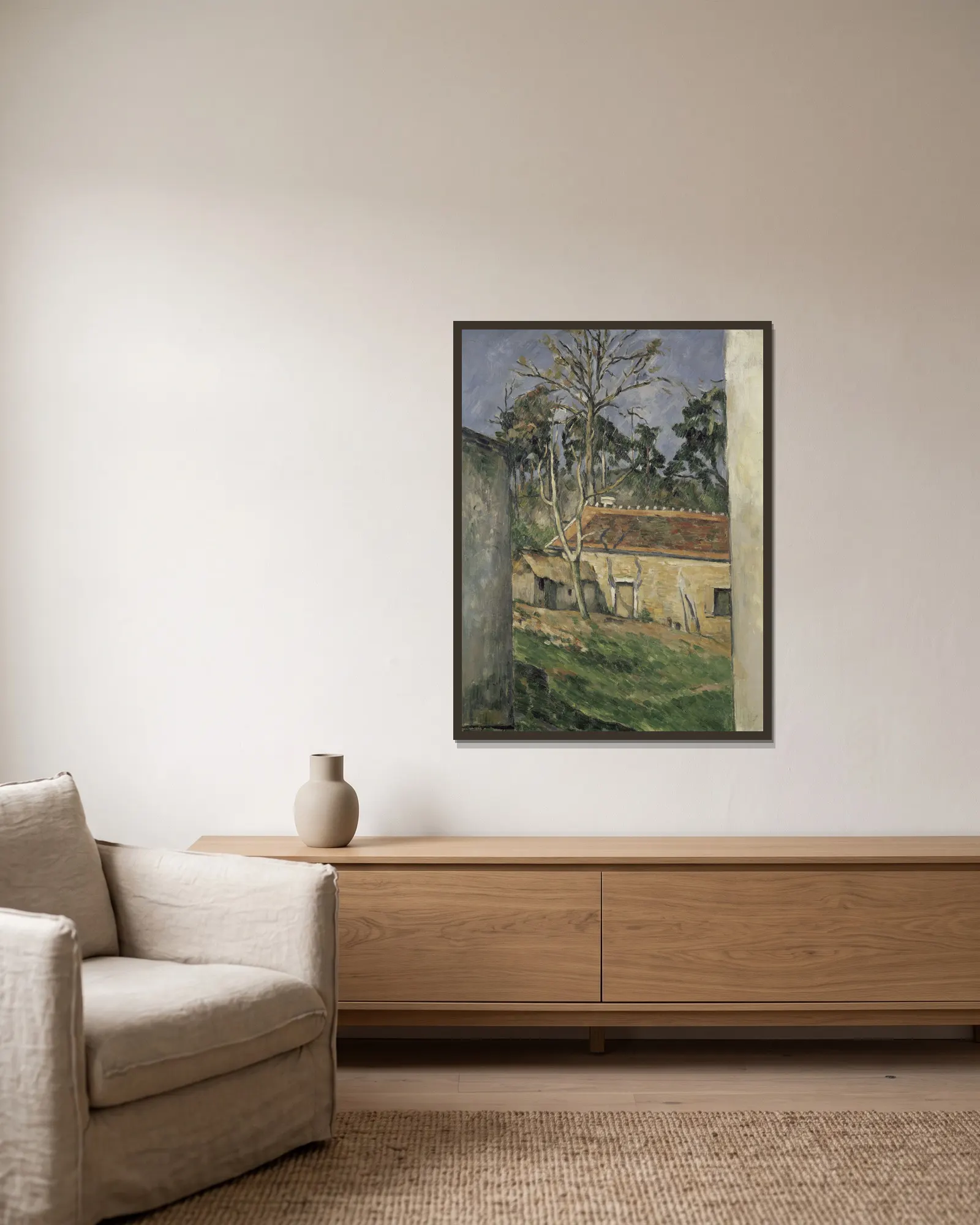 Farmyard av Paul Cézanne inramad på en vägg