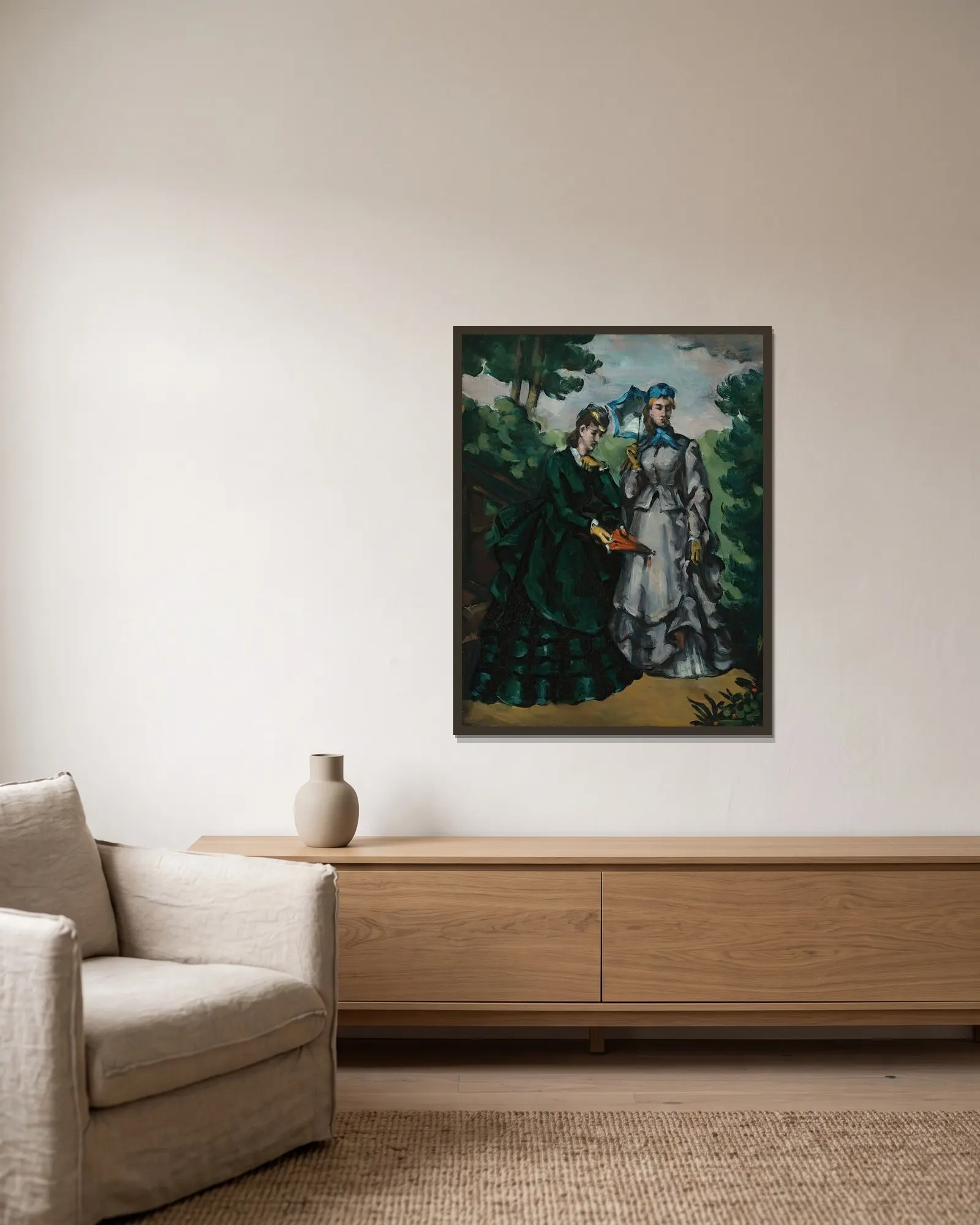 La Promenade av Paul Cézanne inramad på en vägg