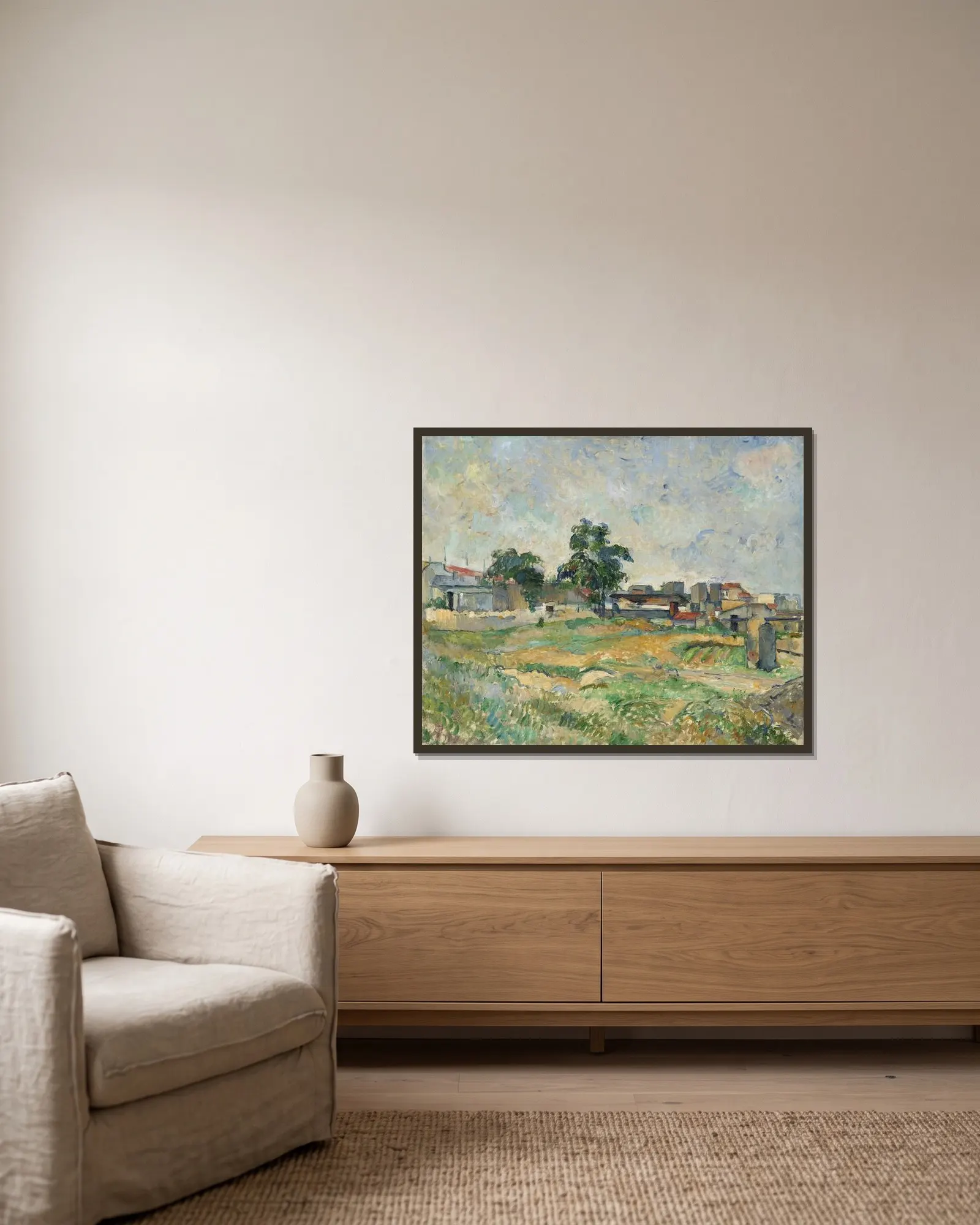 Landscape near Paris av Paul Cézanne inramad på en vägg