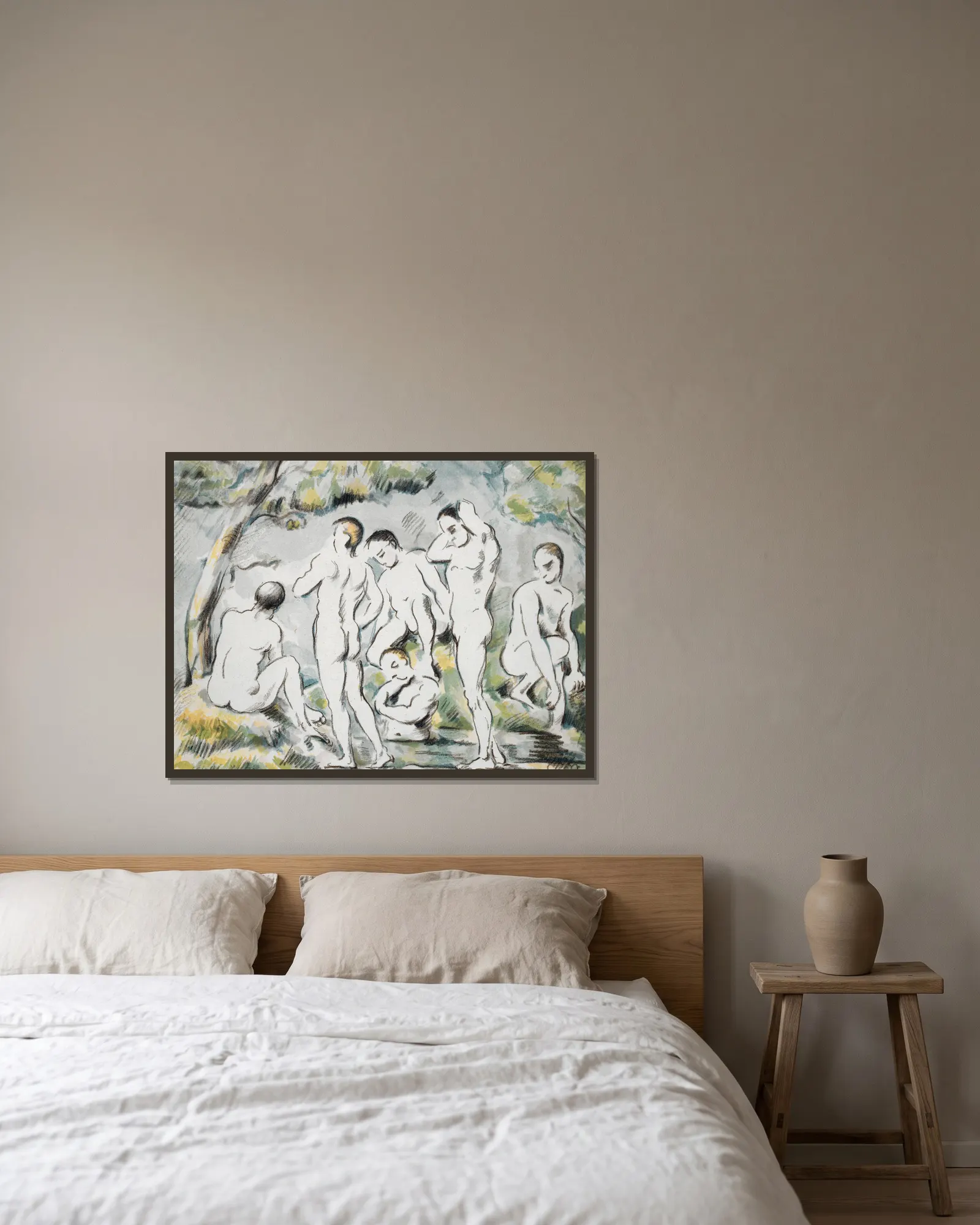 Les Baigneurs – Petite planche av Paul Cézanne inramad på en vägg