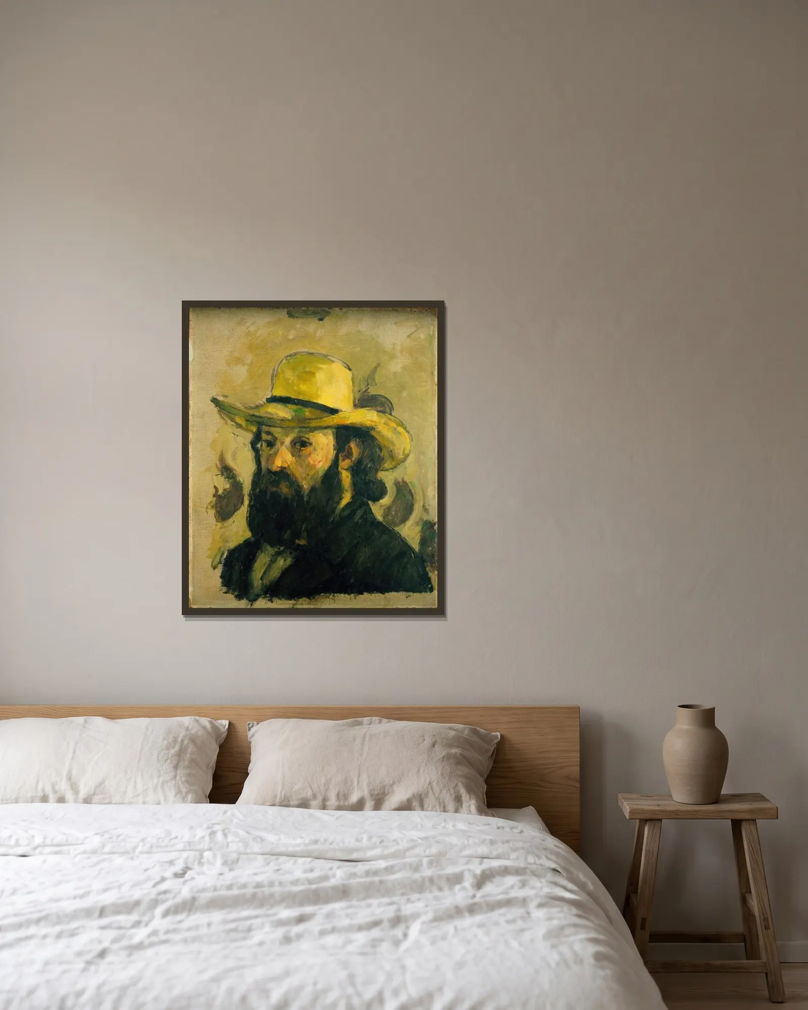 Self-Portrait in a Straw Hat (from 1875 until 1876) av Paul Cézanne inramad på en vägg