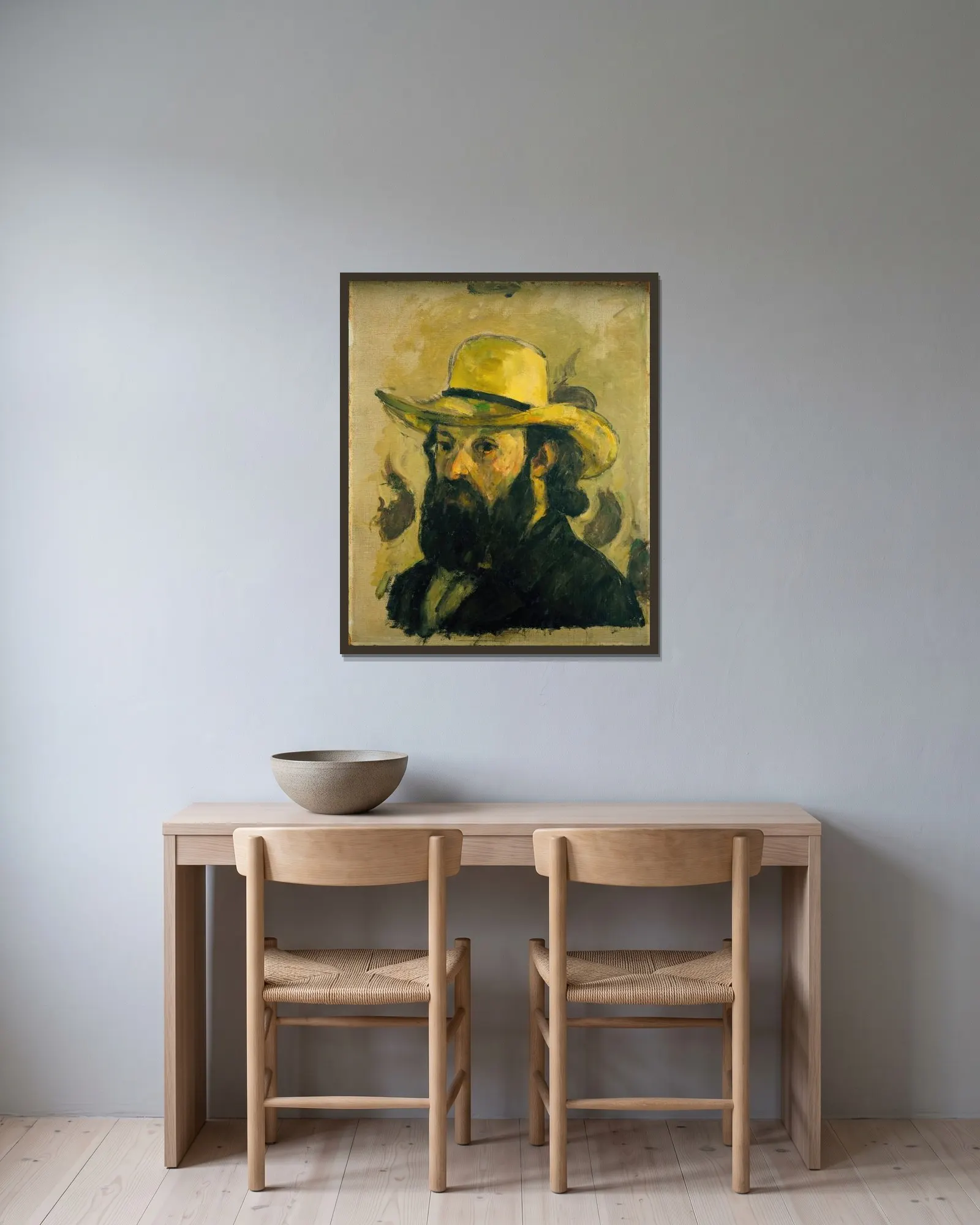 Self-Portrait in a Straw Hat (from 1875 until 1876) av Paul Cézanne inramad på en vägg
