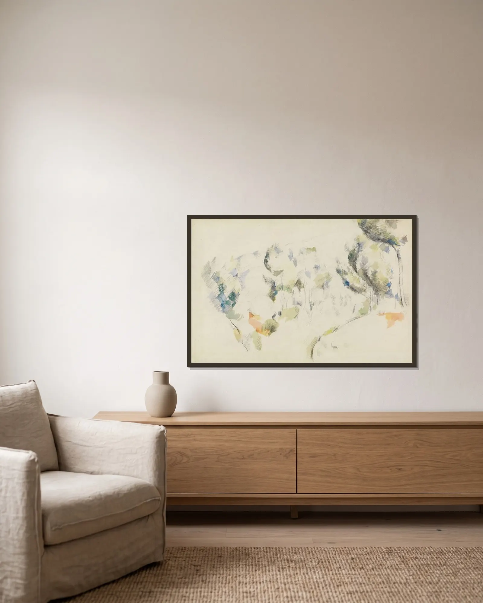 Senke mit Bäumen av Paul Cézanne inramad på en vägg