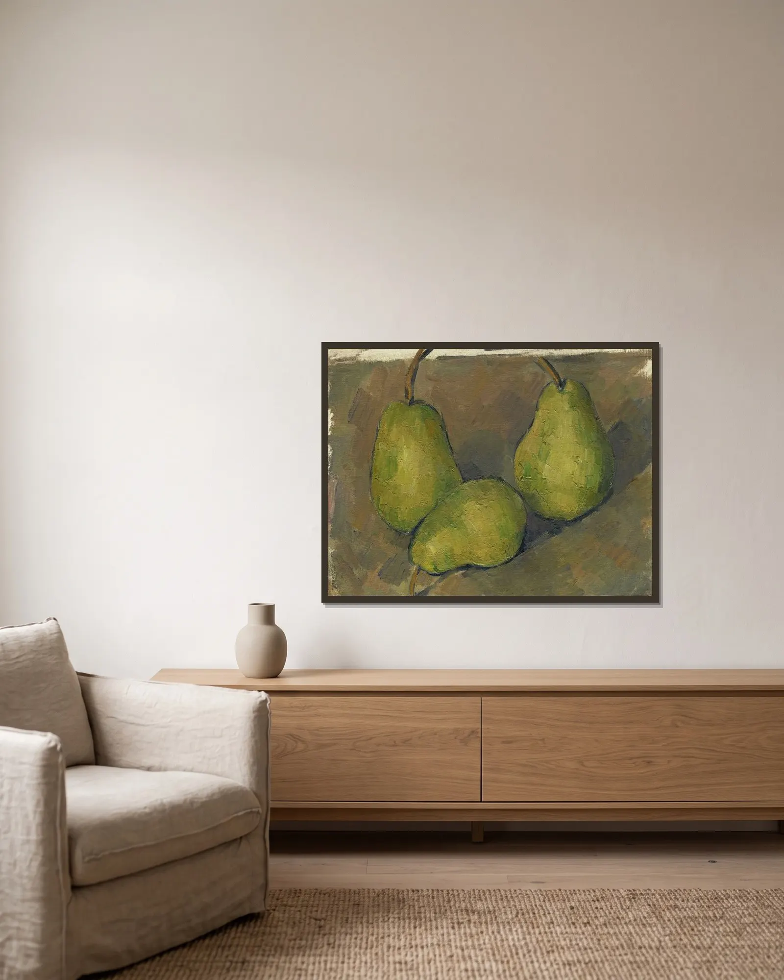 Three Pears av Paul Cézanne inramad på en vägg