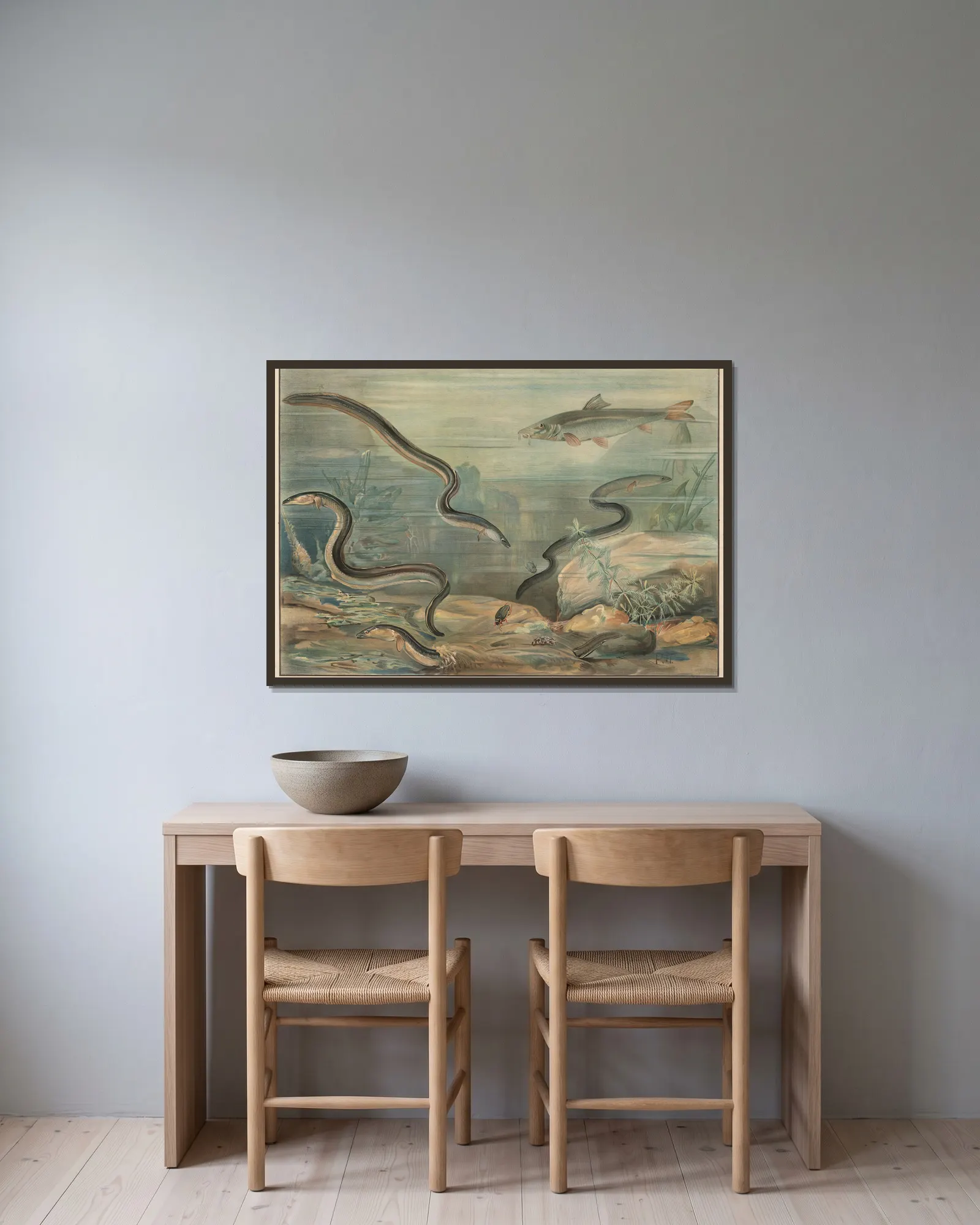 Eel and Carp av Paul Flanderky inramad på en vägg