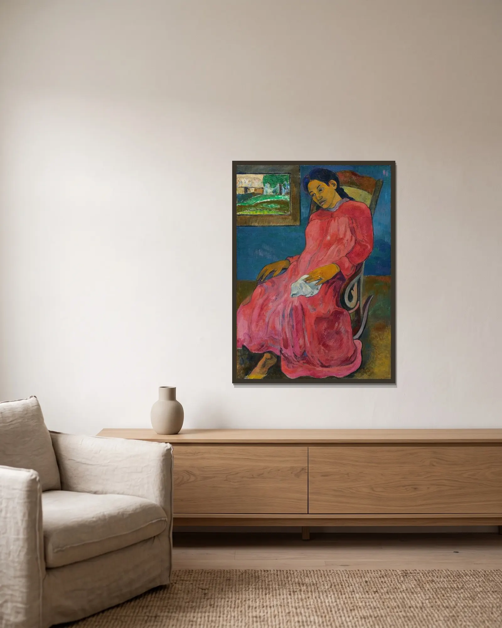 Faaturuma (Melancholic) av Paul Gauguin inramad på en vägg