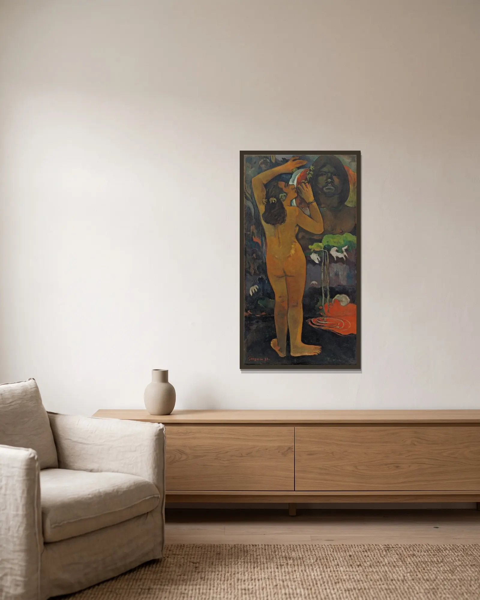 Hina Tefatou (The Moon and the Earth) av Paul Gauguin inramad på en vägg