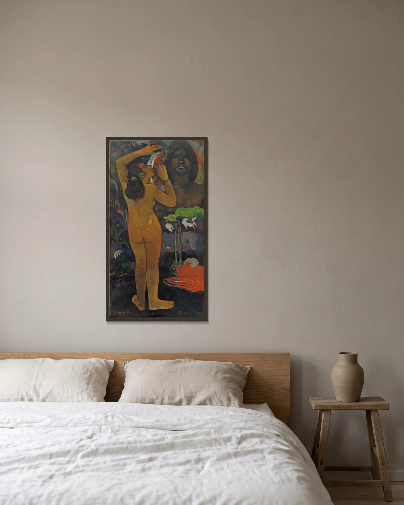 Hina Tefatou (The Moon and the Earth) av Paul Gauguin inramad på en vägg