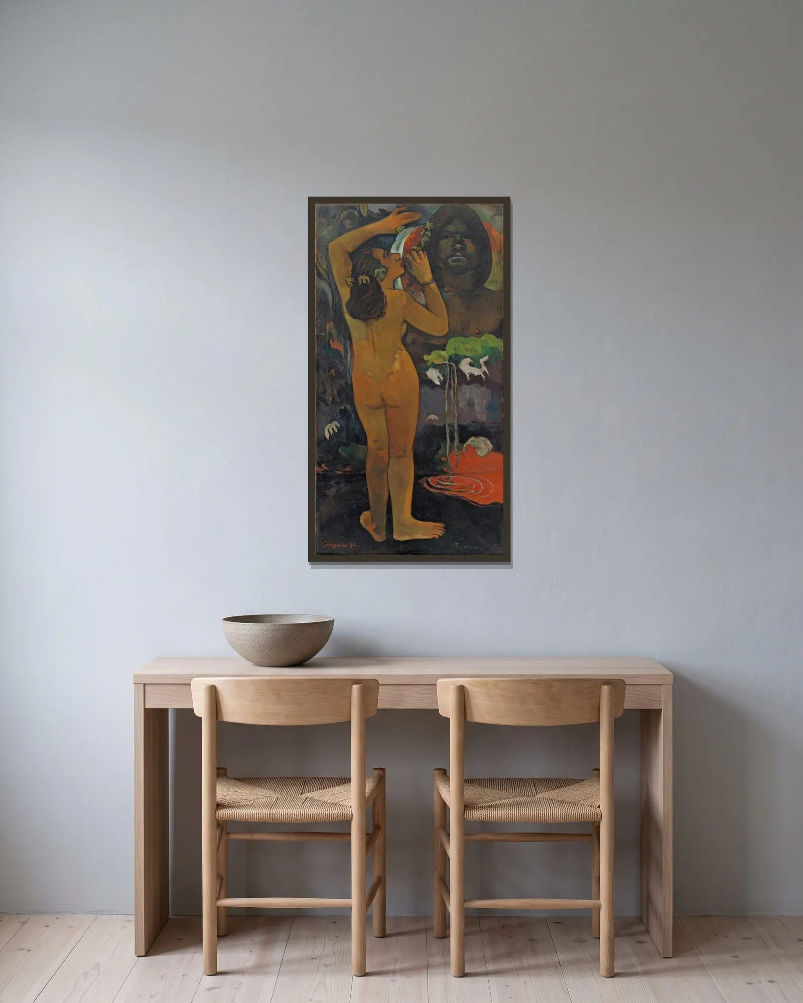 Hina Tefatou (The Moon and the Earth) av Paul Gauguin inramad på en vägg