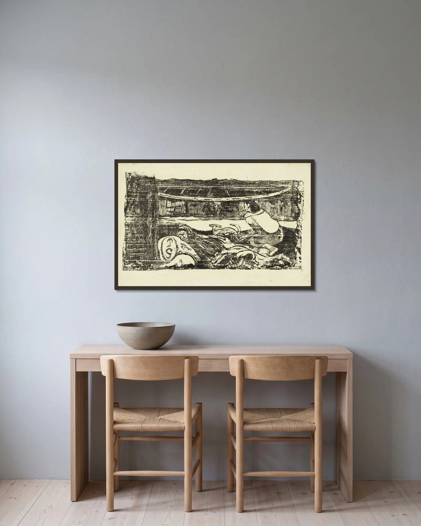 Intérieur de case av Paul Gauguin inramad på en vägg