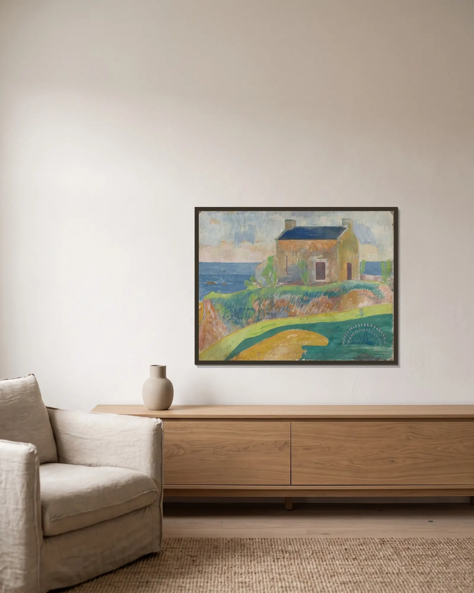 La Maison Du Pendu av Paul Gauguin inramad på en vägg