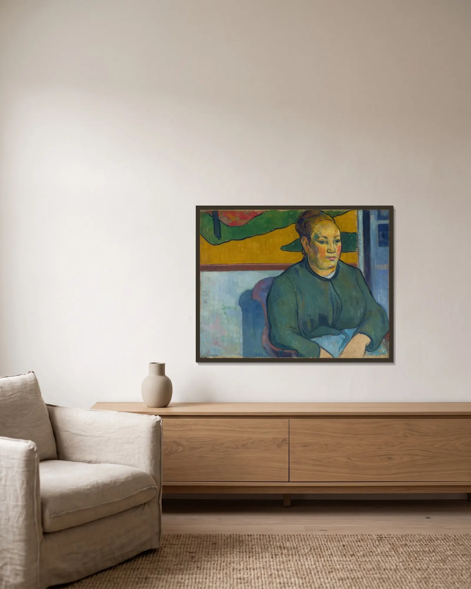 Madame Roulin av Paul Gauguin inramad på en vägg