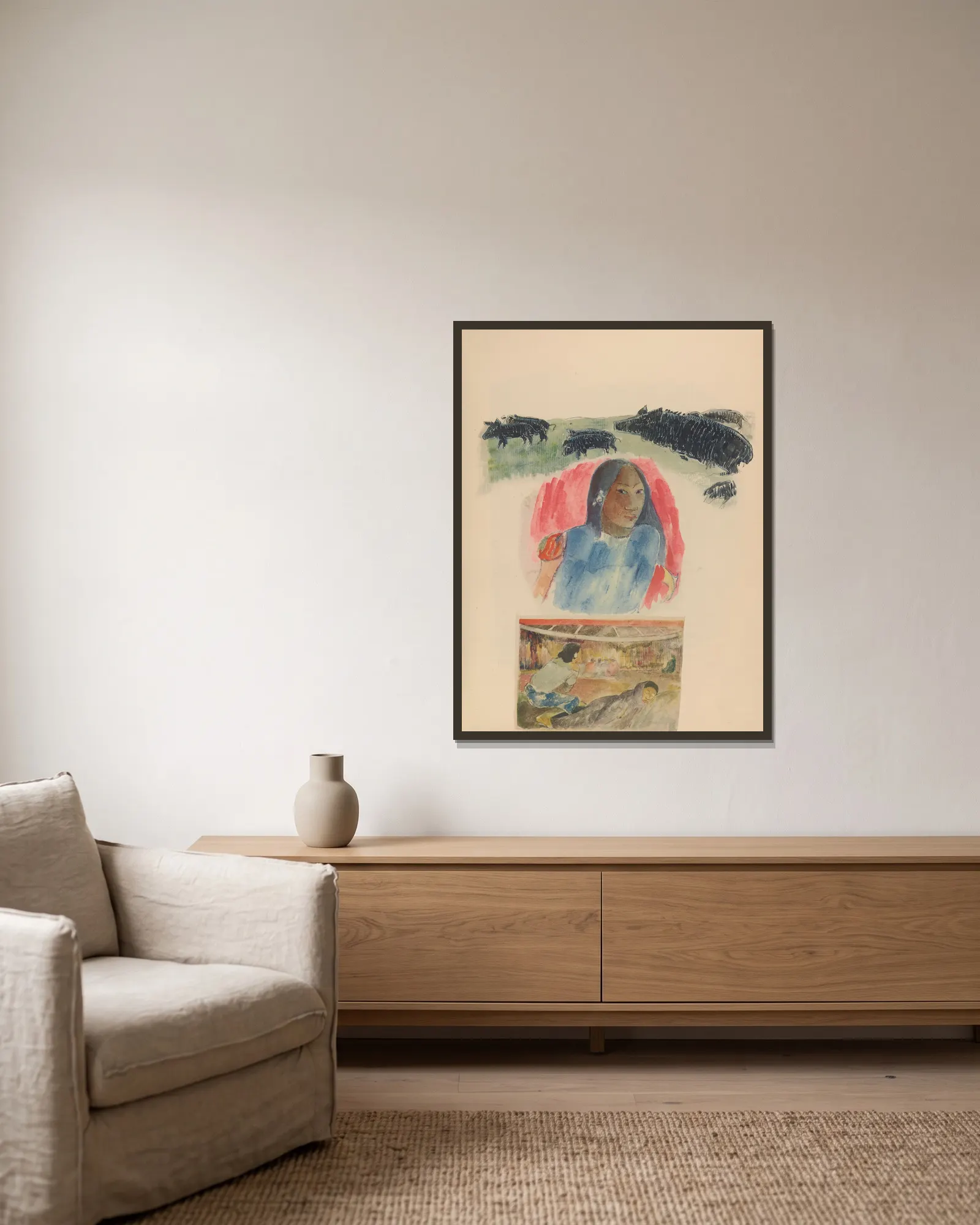 Noanoa Pl.14 av Paul Gauguin inramad på en vägg