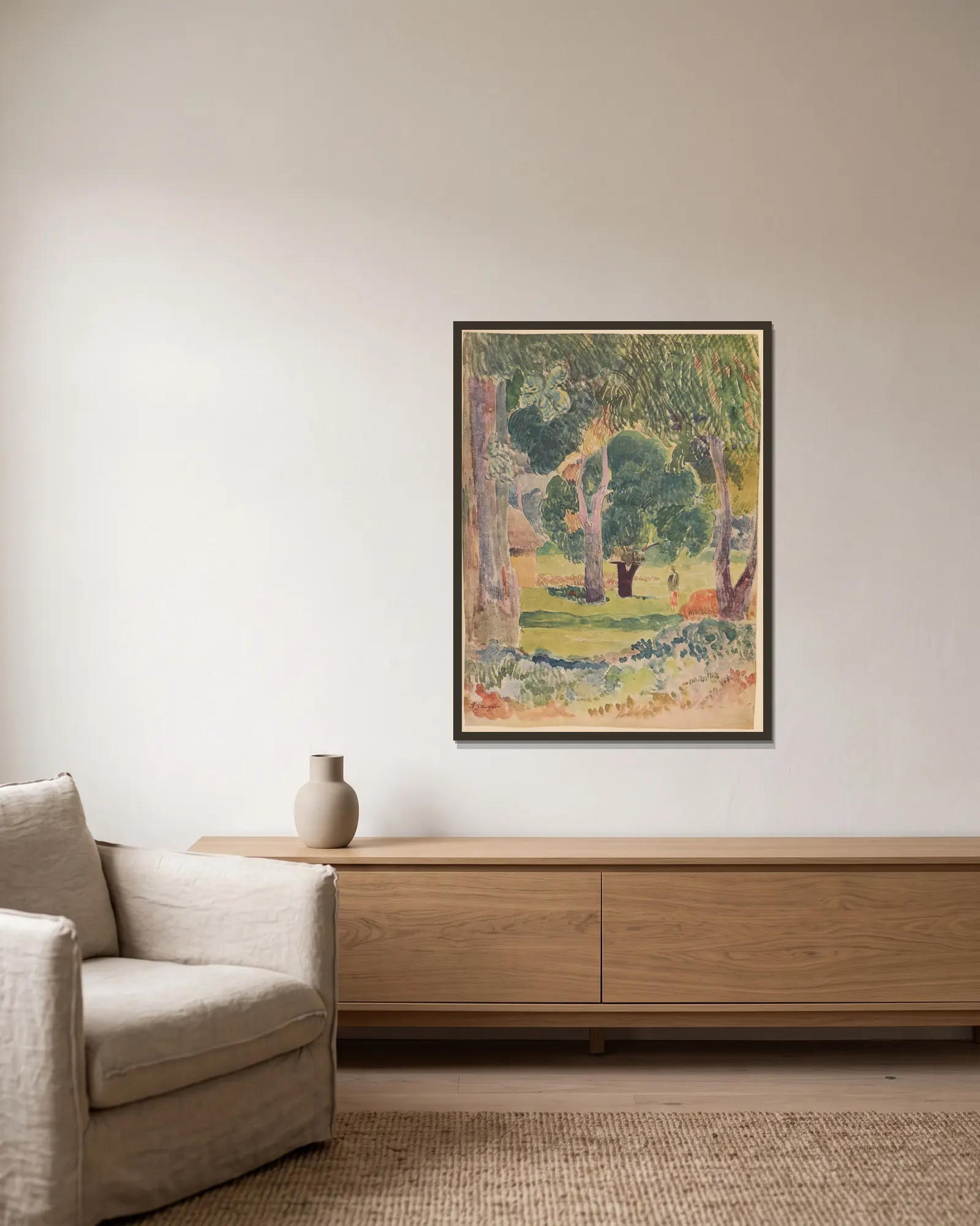 Noanoa Pl.35 av Paul Gauguin inramad på en vägg