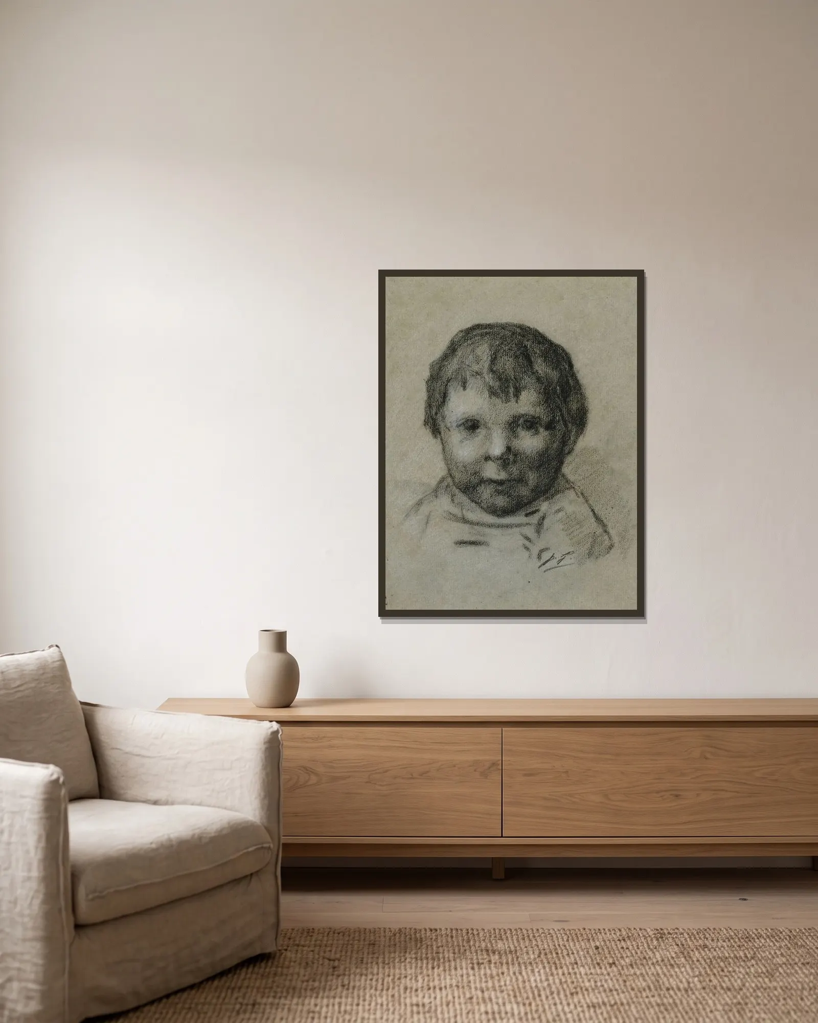Portrait d’enfant av Paul Gauguin inramad på en vägg