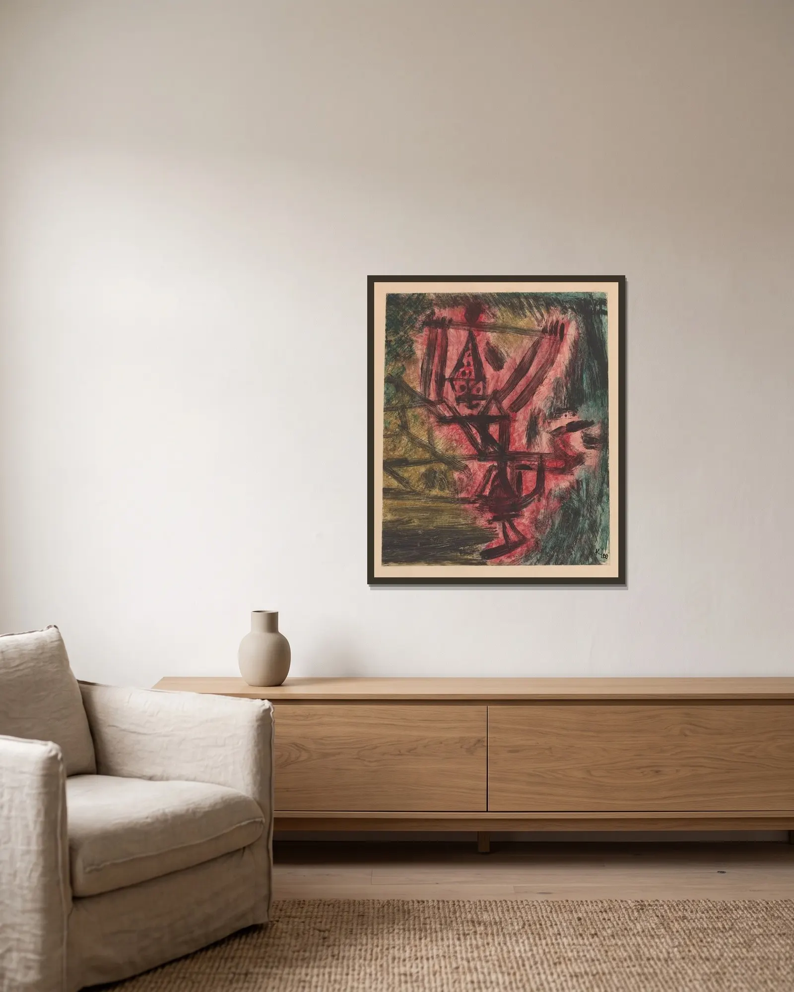 Feuer Clown I (Fire Clown) av Paul Klee inramad på en vägg