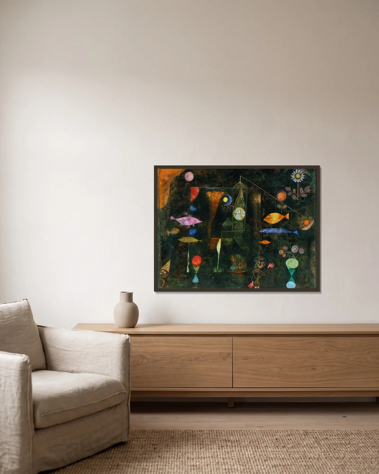 Fish Magic av Paul Klee inramad på en vägg
