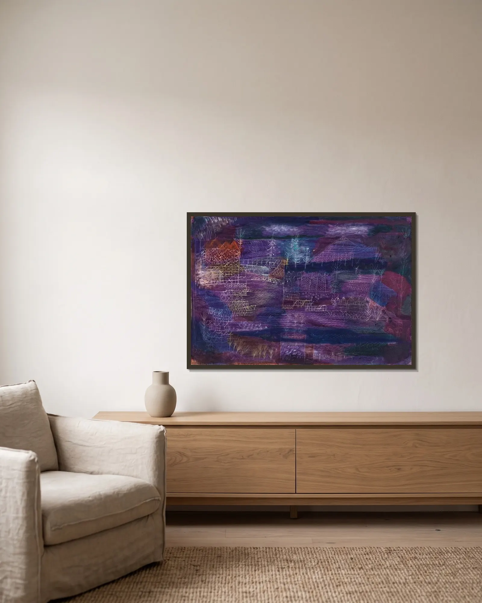 Flussbaulandschaft av Paul Klee inramad på en vägg