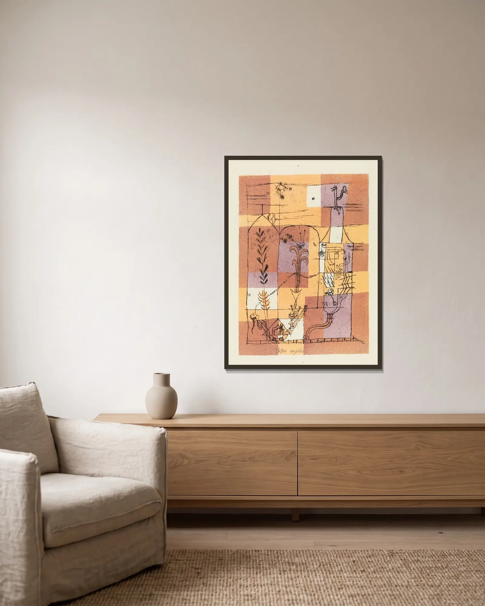 Hoffmanneske Szene av Paul Klee inramad på en vägg