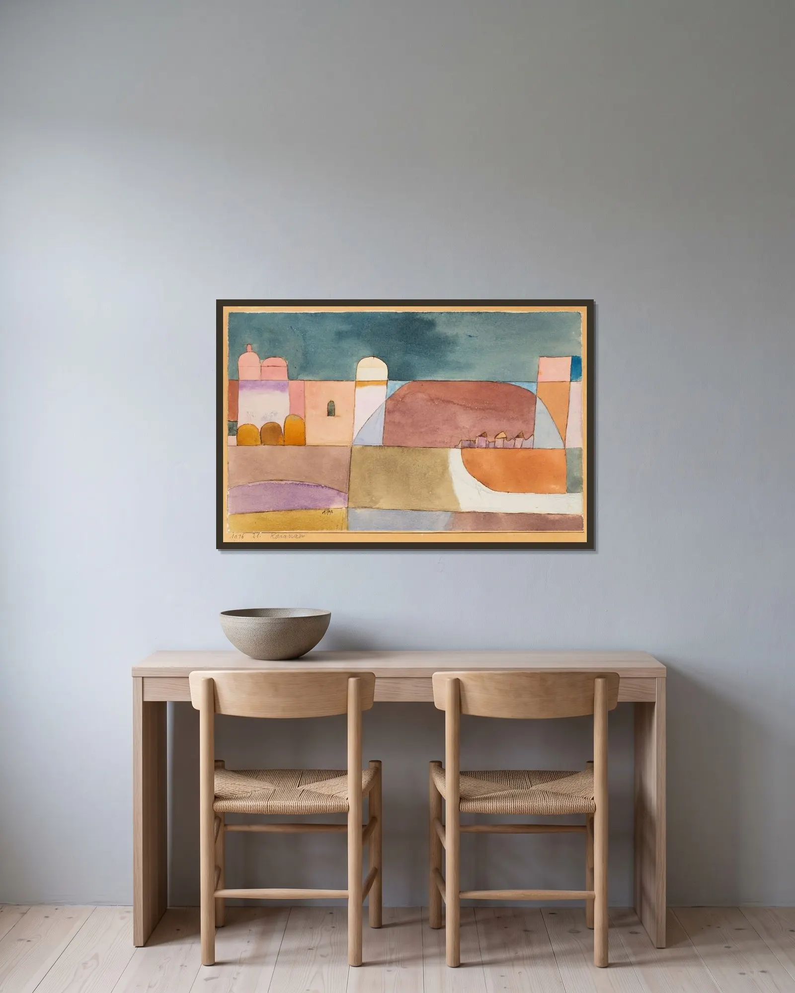 Kairuan (Kairuan mit den Kamelen und dem Esel) av Paul Klee inramad på en vägg