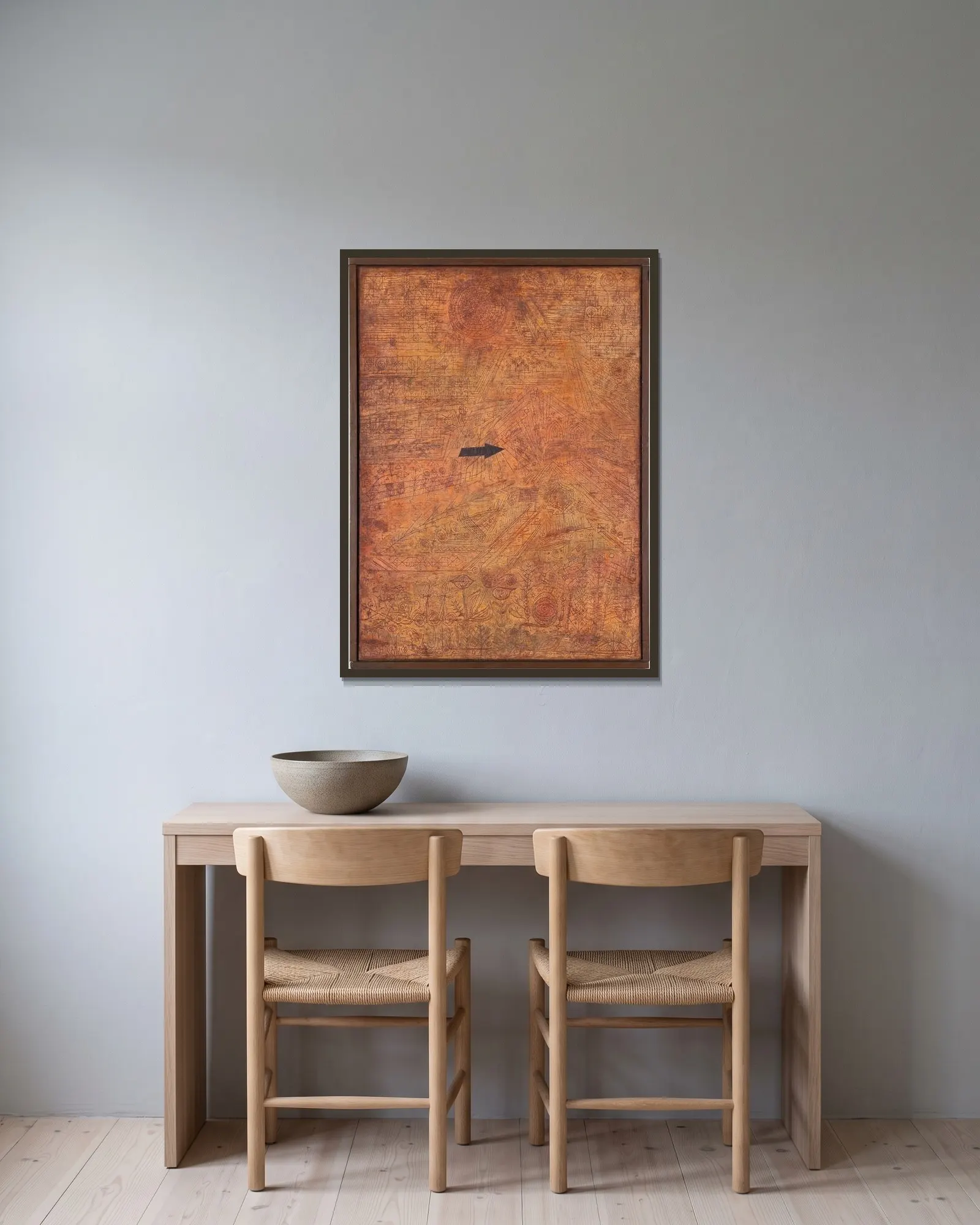 Pfeil im Garten av Paul Klee inramad på en vägg