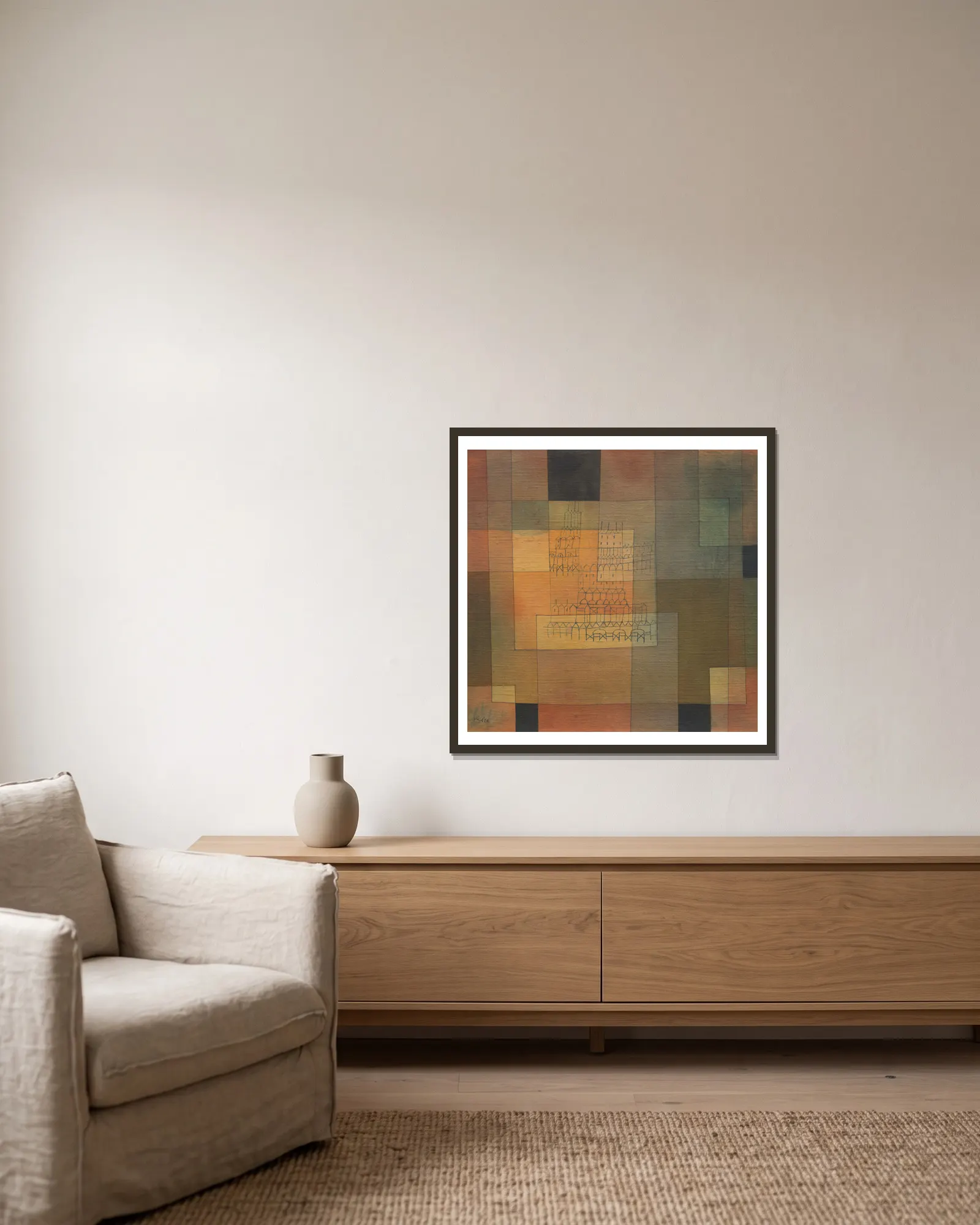 Polyphonic Architecture av Paul Klee inramad på en vägg