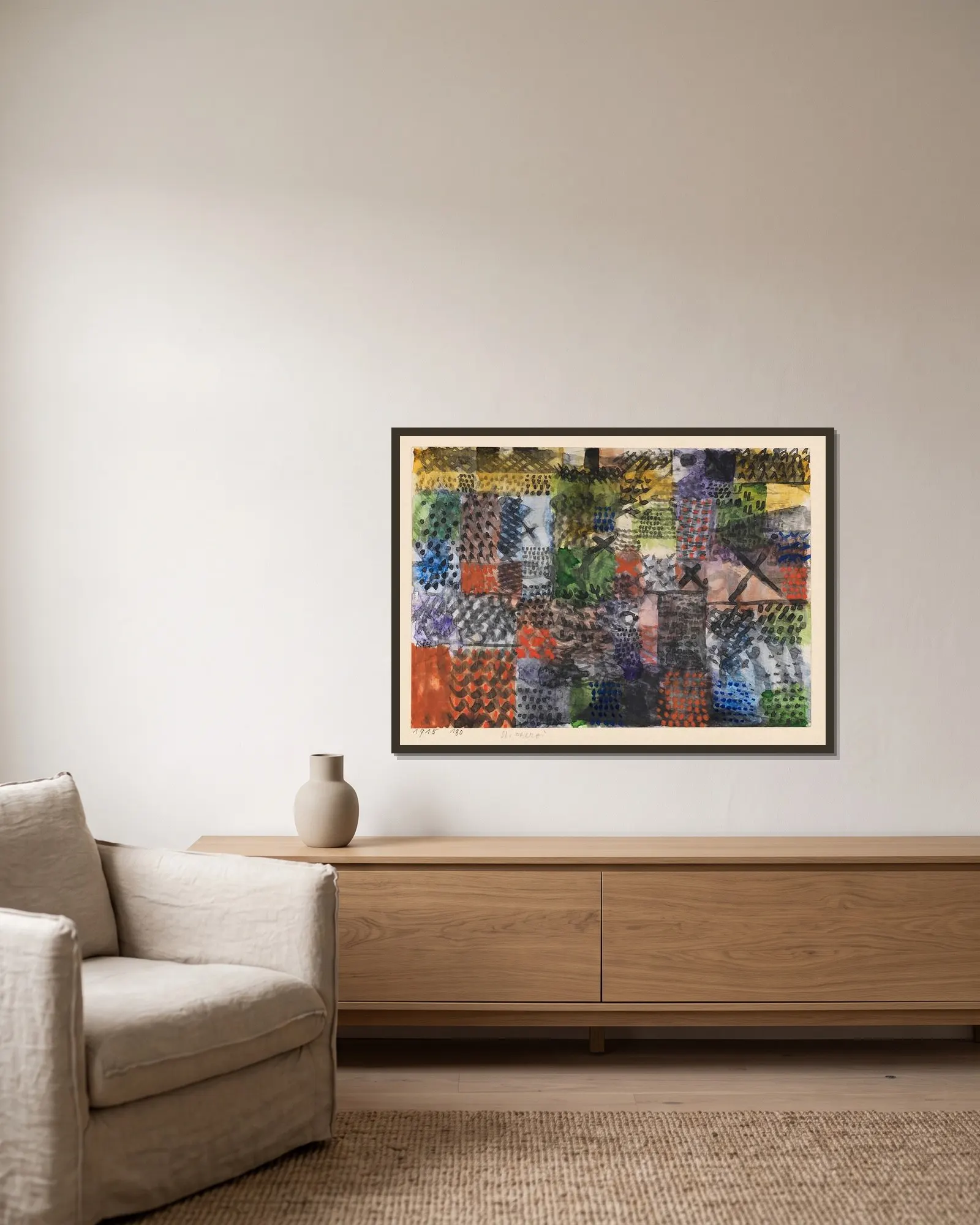 Stickerei av Paul Klee inramad på en vägg