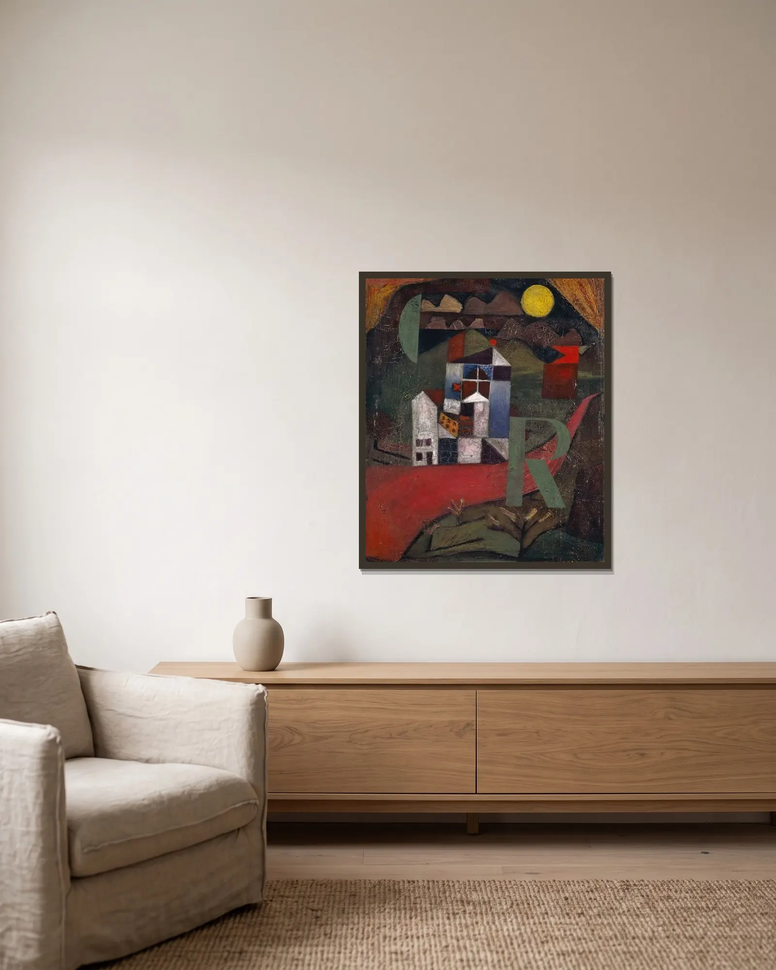 Villa R av Paul Klee inramad på en vägg