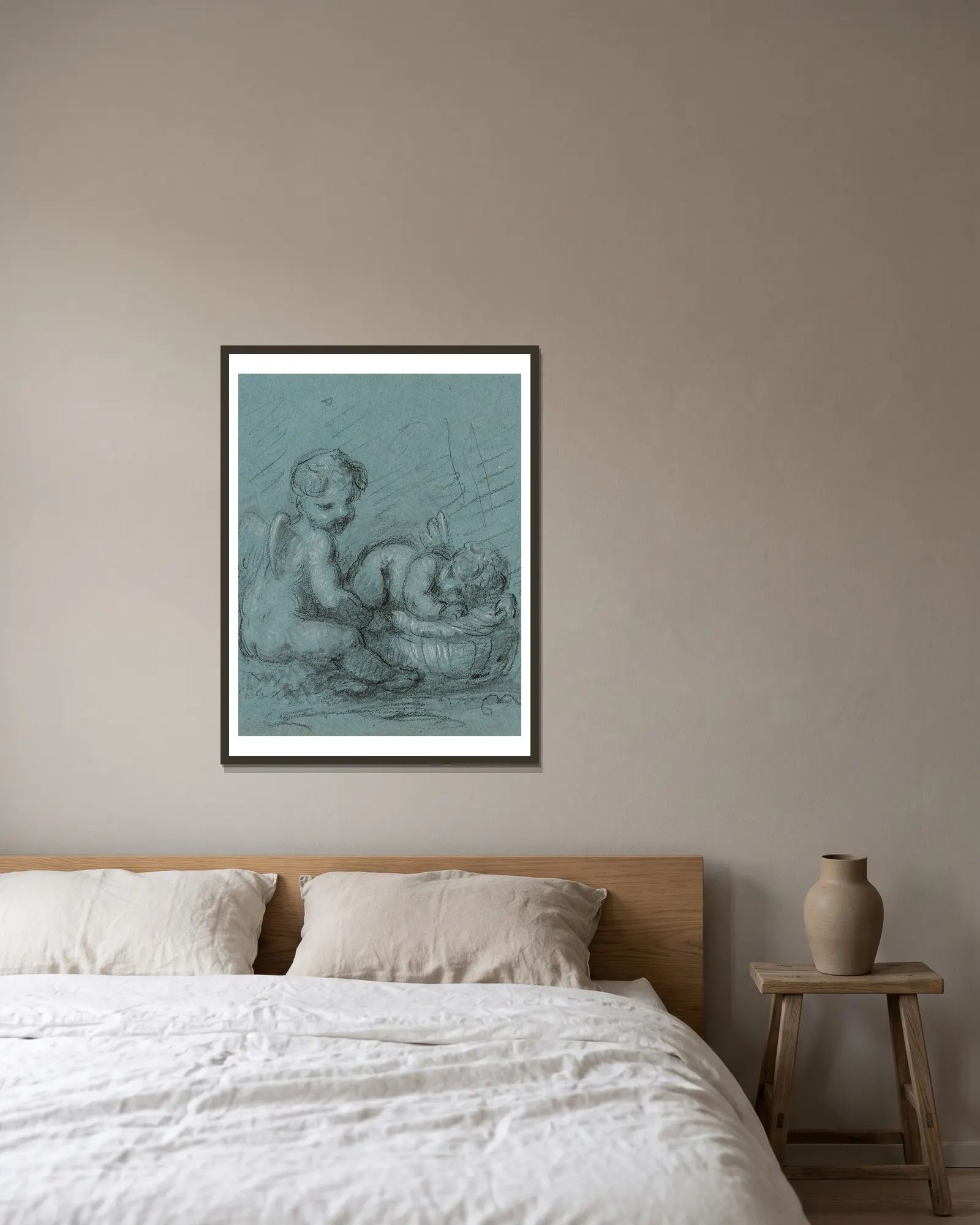 Amours couchés av Pierre-Paul Prud'hon inramad på en vägg