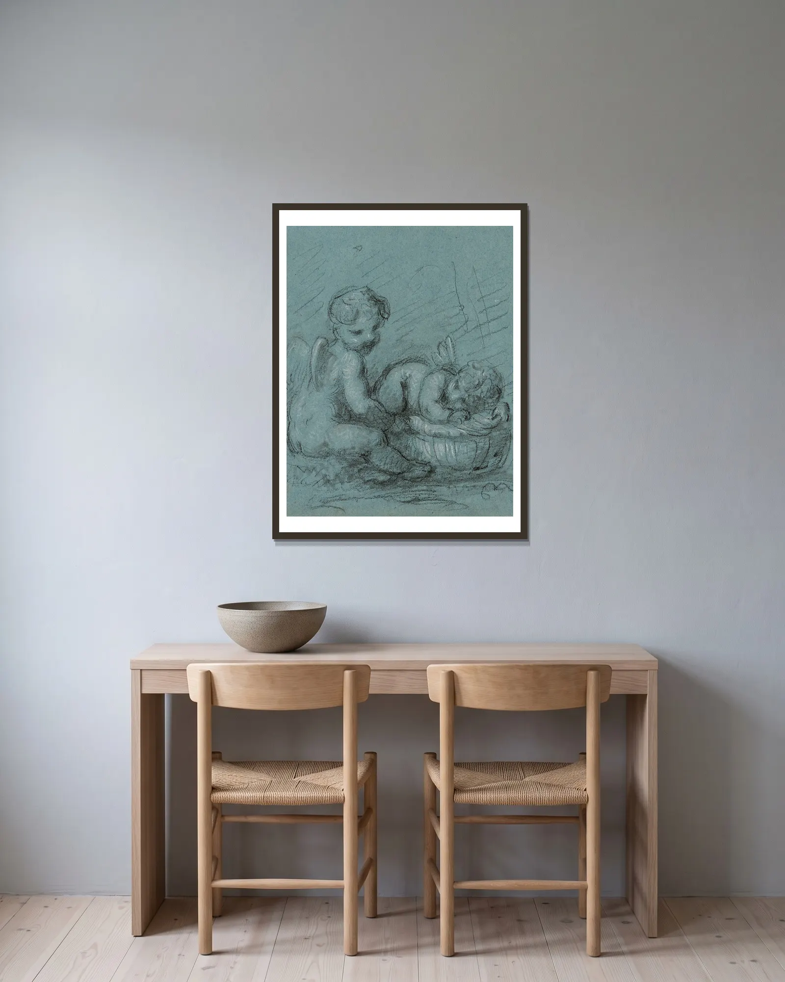 Amours couchés av Pierre-Paul Prud'hon inramad på en vägg