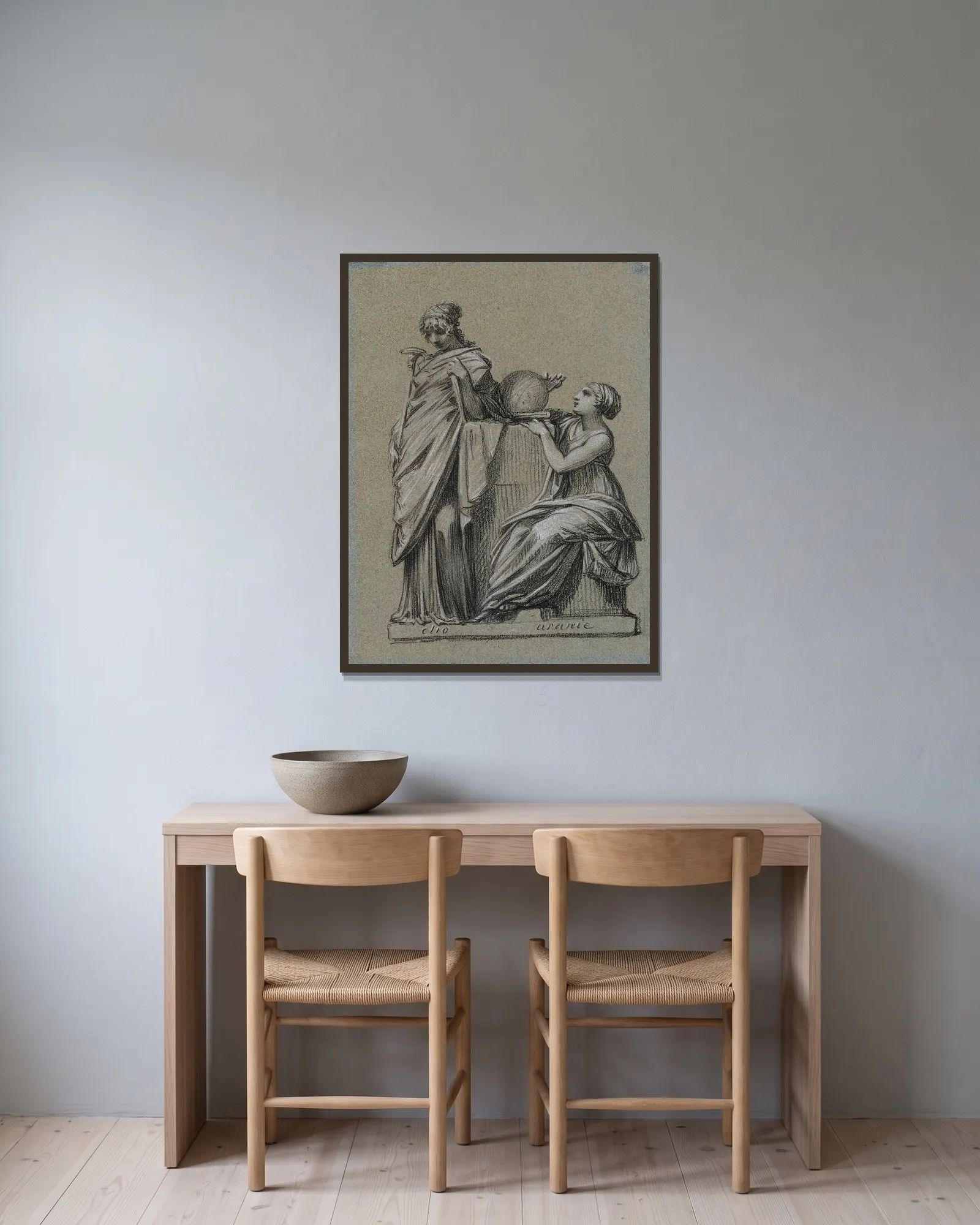 Clio et Uranie av Pierre-Paul Prud'hon inramad på en vägg