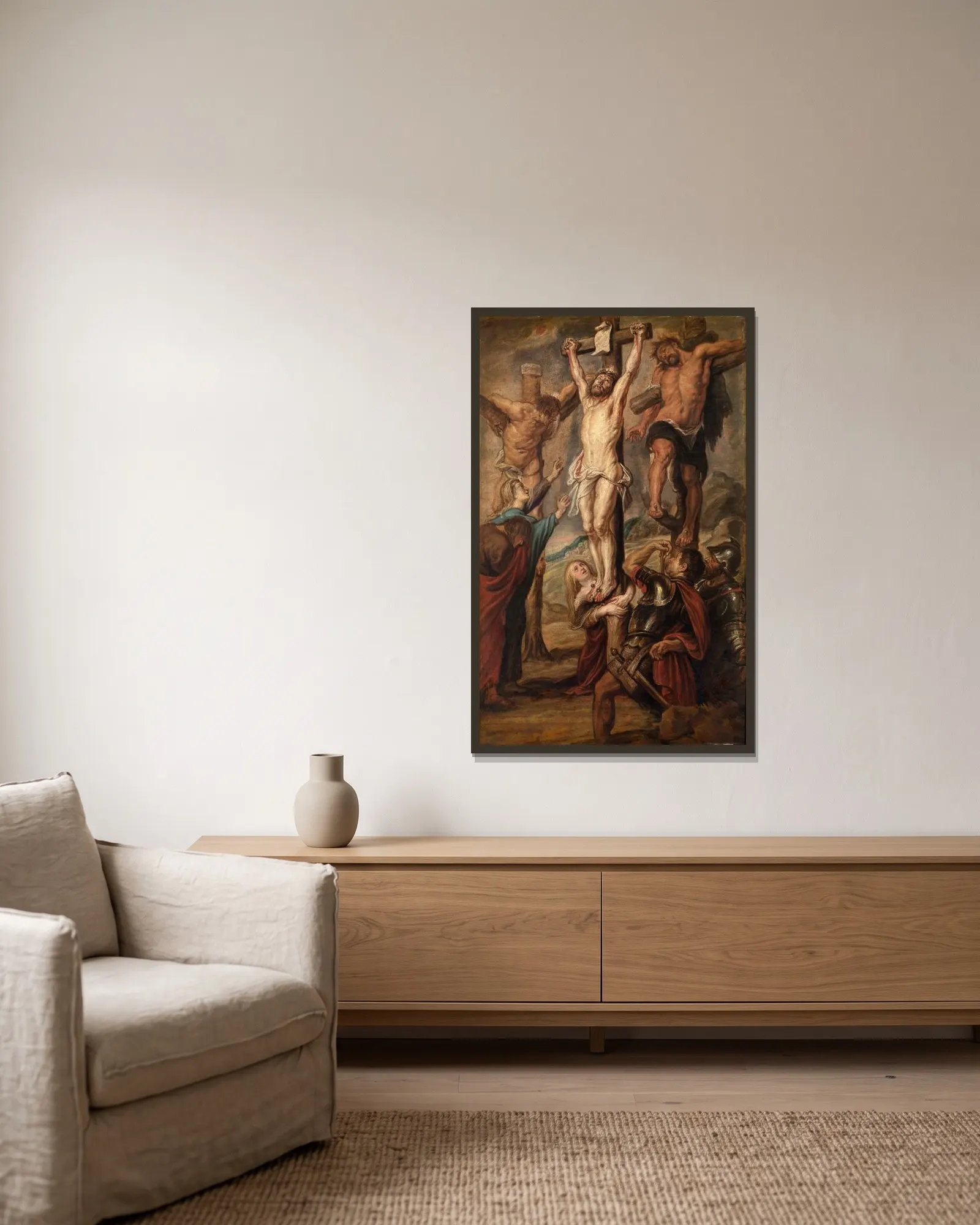 Calvary av Peter Paul Rubens inramad på en vägg