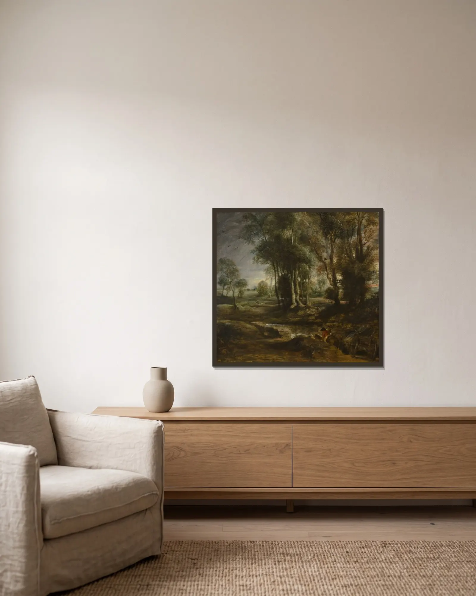Evening Landscape with Timber Wagon av Peter Paul Rubens inramad på en vägg
