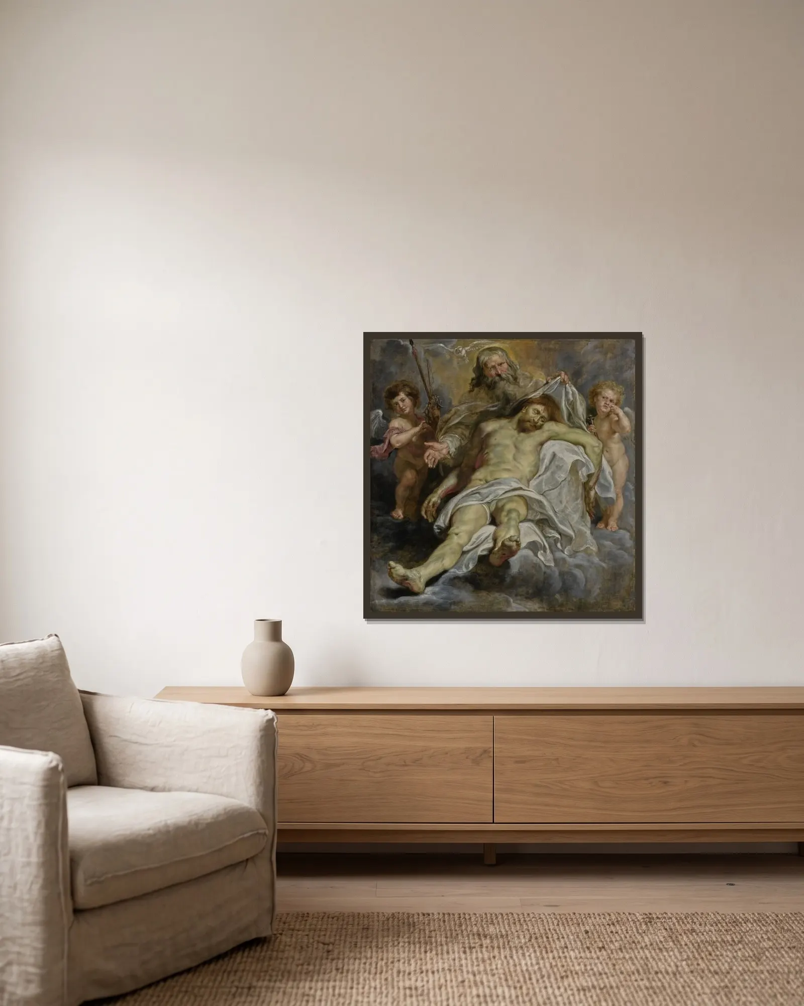 The Holy Trinity av Peter Paul Rubens inramad på en vägg