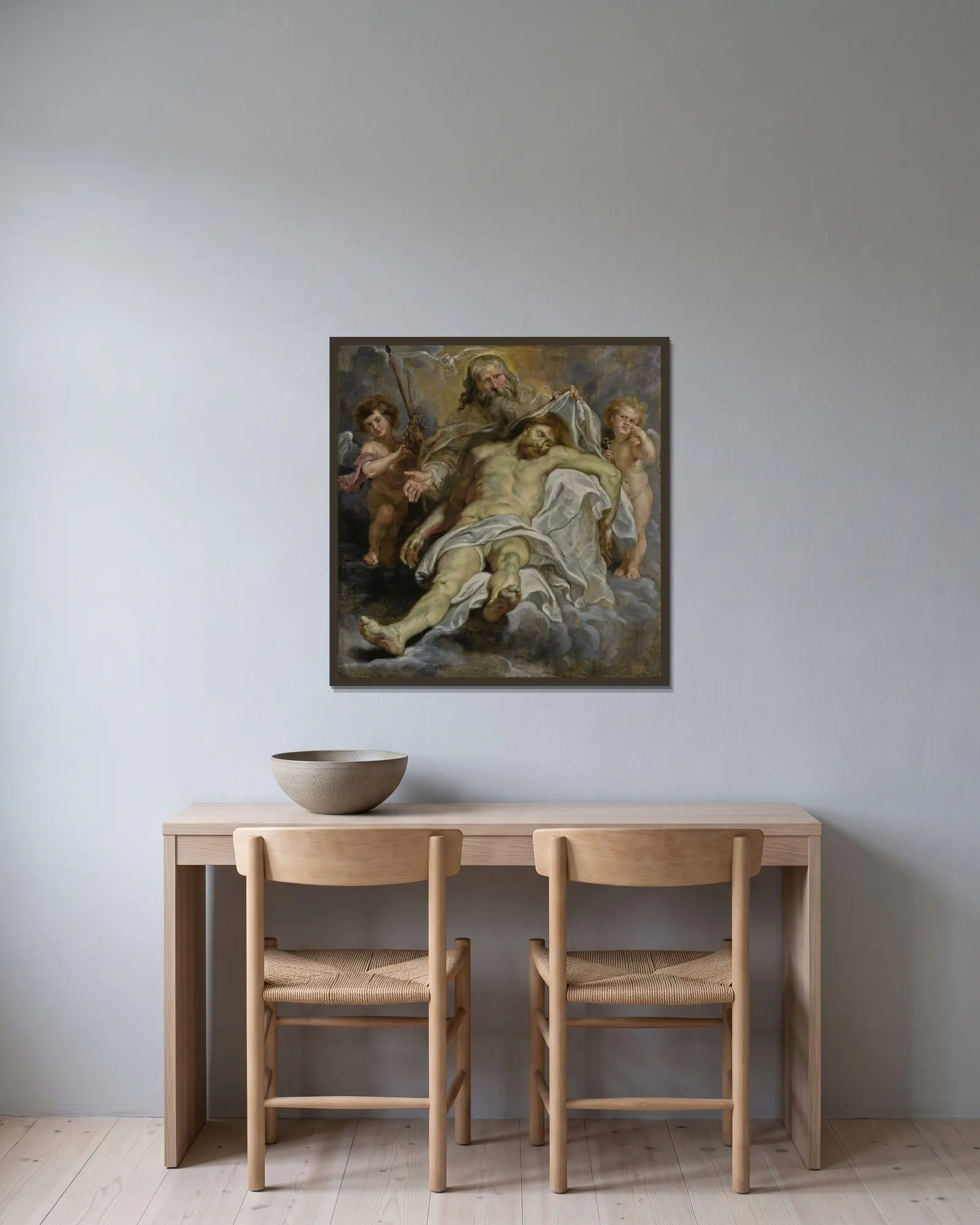 The Holy Trinity av Peter Paul Rubens inramad på en vägg