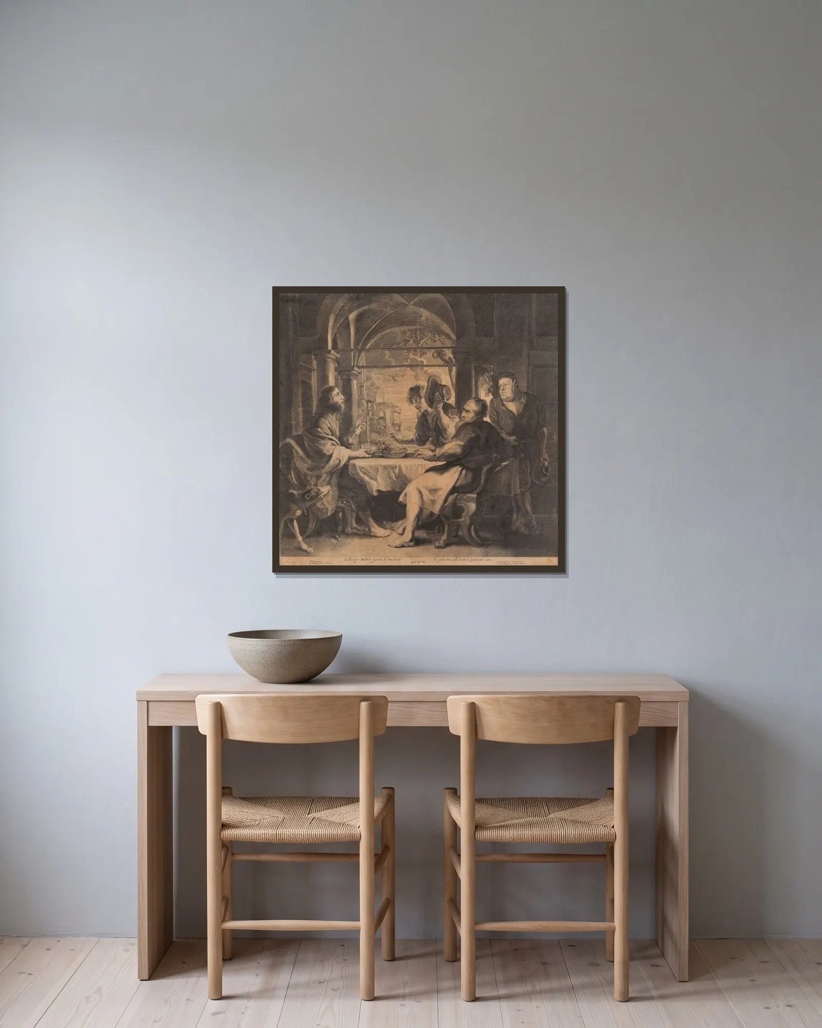 The Supper at Emmaus av Peter Paul Rubens inramad på en vägg