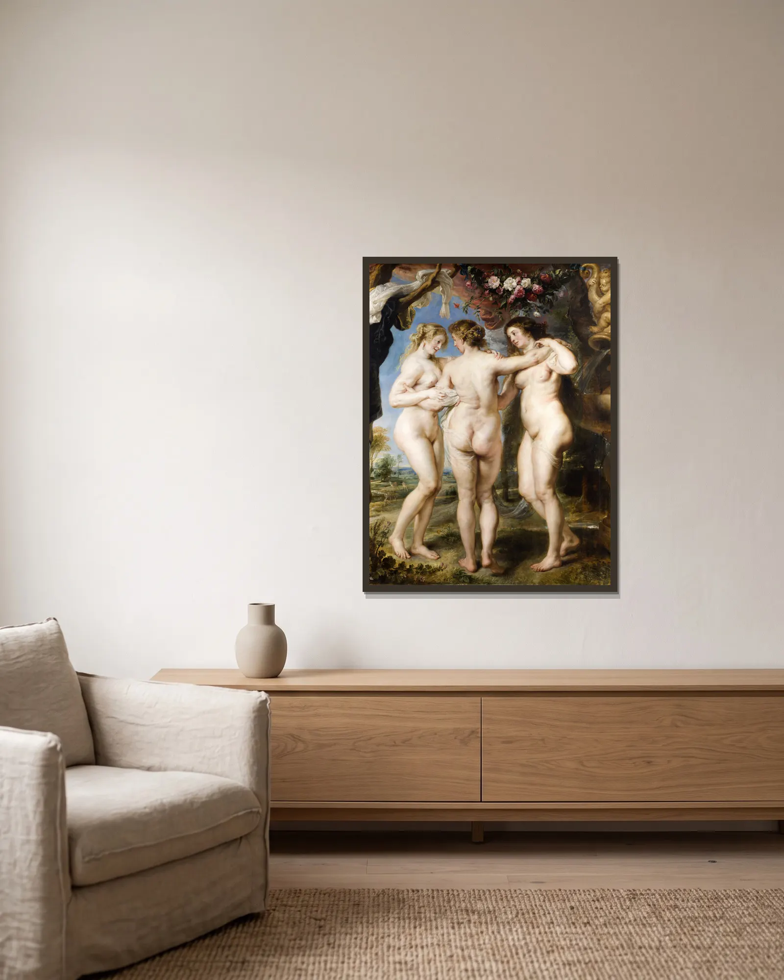 The Three Graces av Peter Paul Rubens inramad på en vägg
