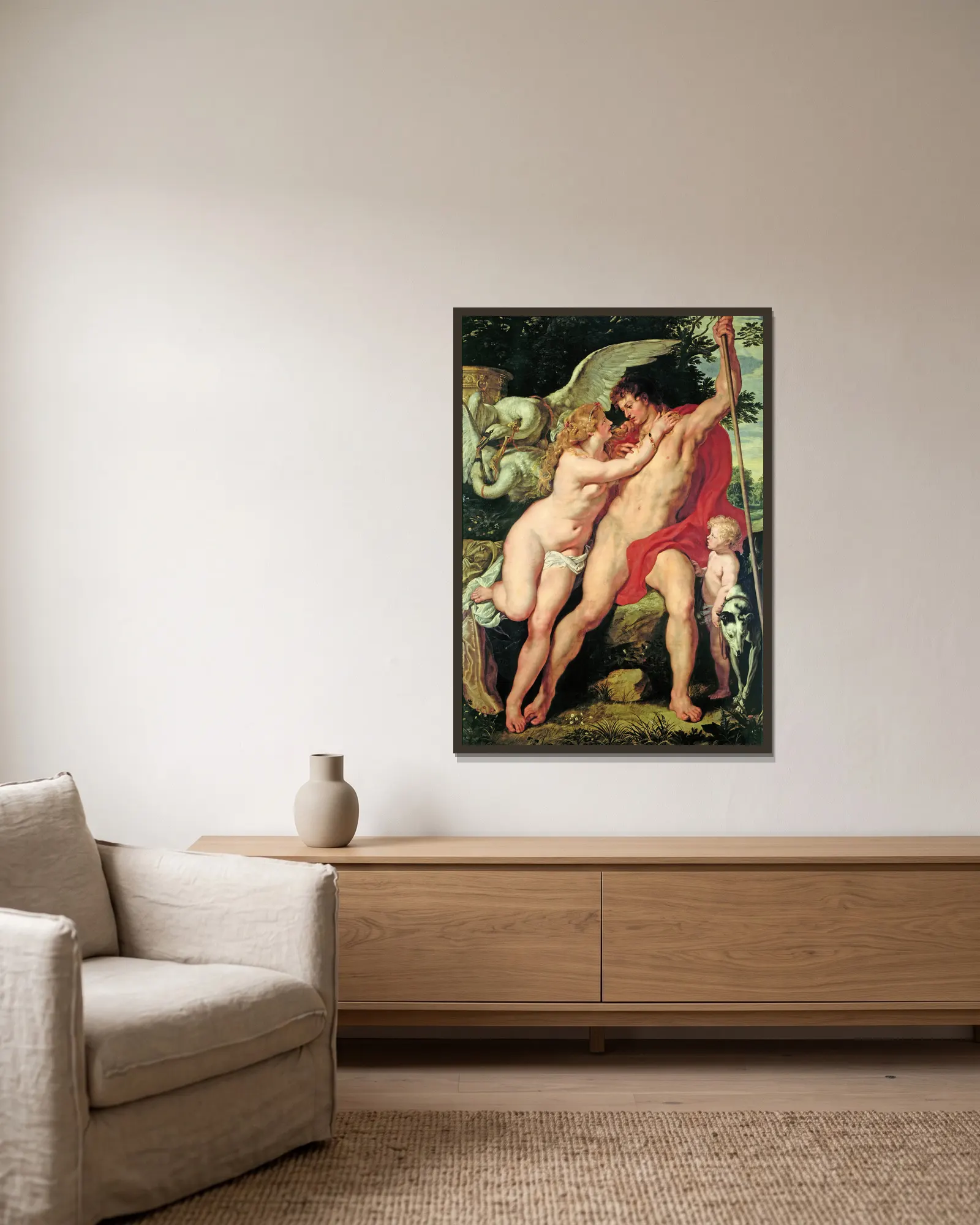 Venus and Adonis av Peter Paul Rubens inramad på en vägg