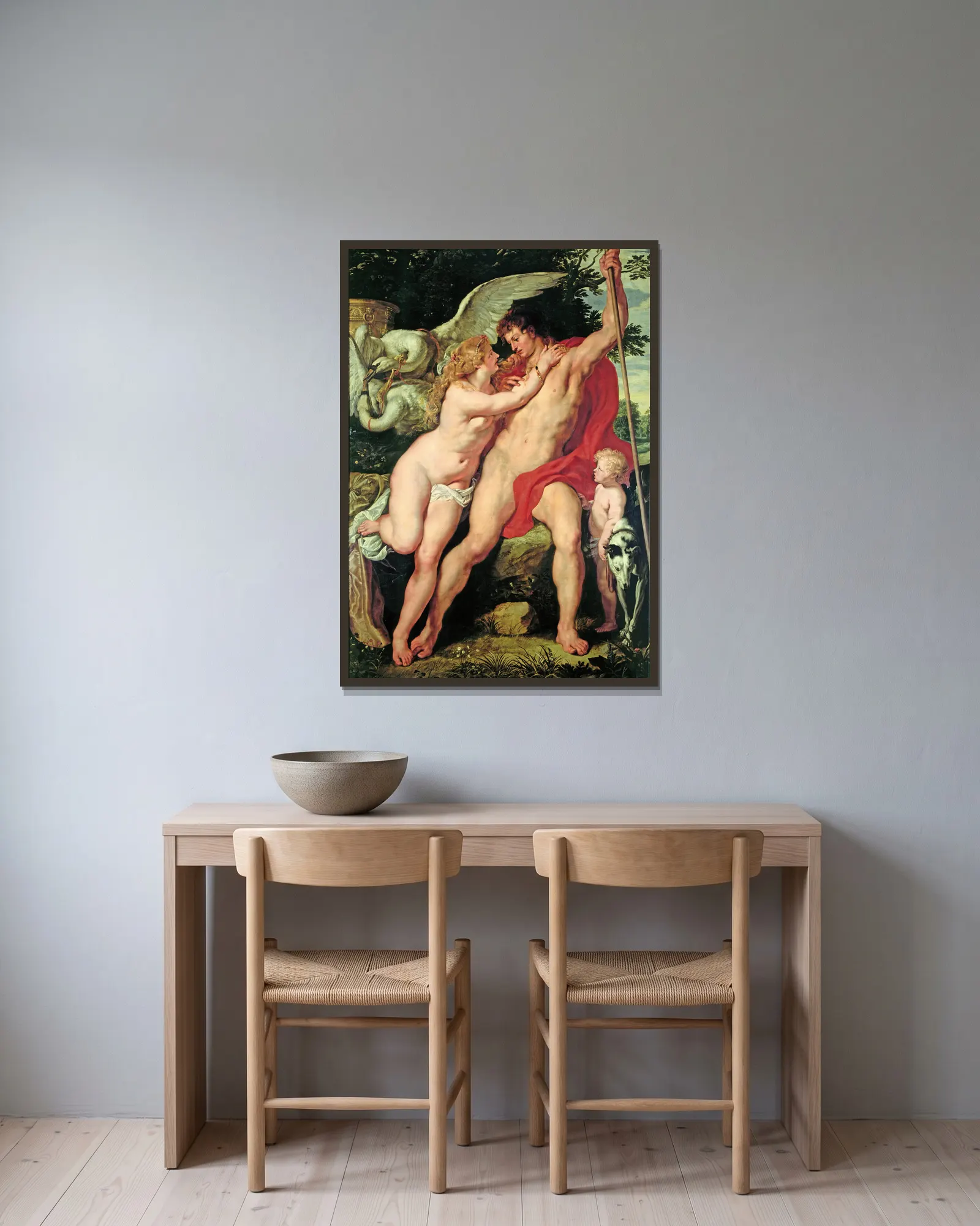 Venus and Adonis av Peter Paul Rubens inramad på en vägg