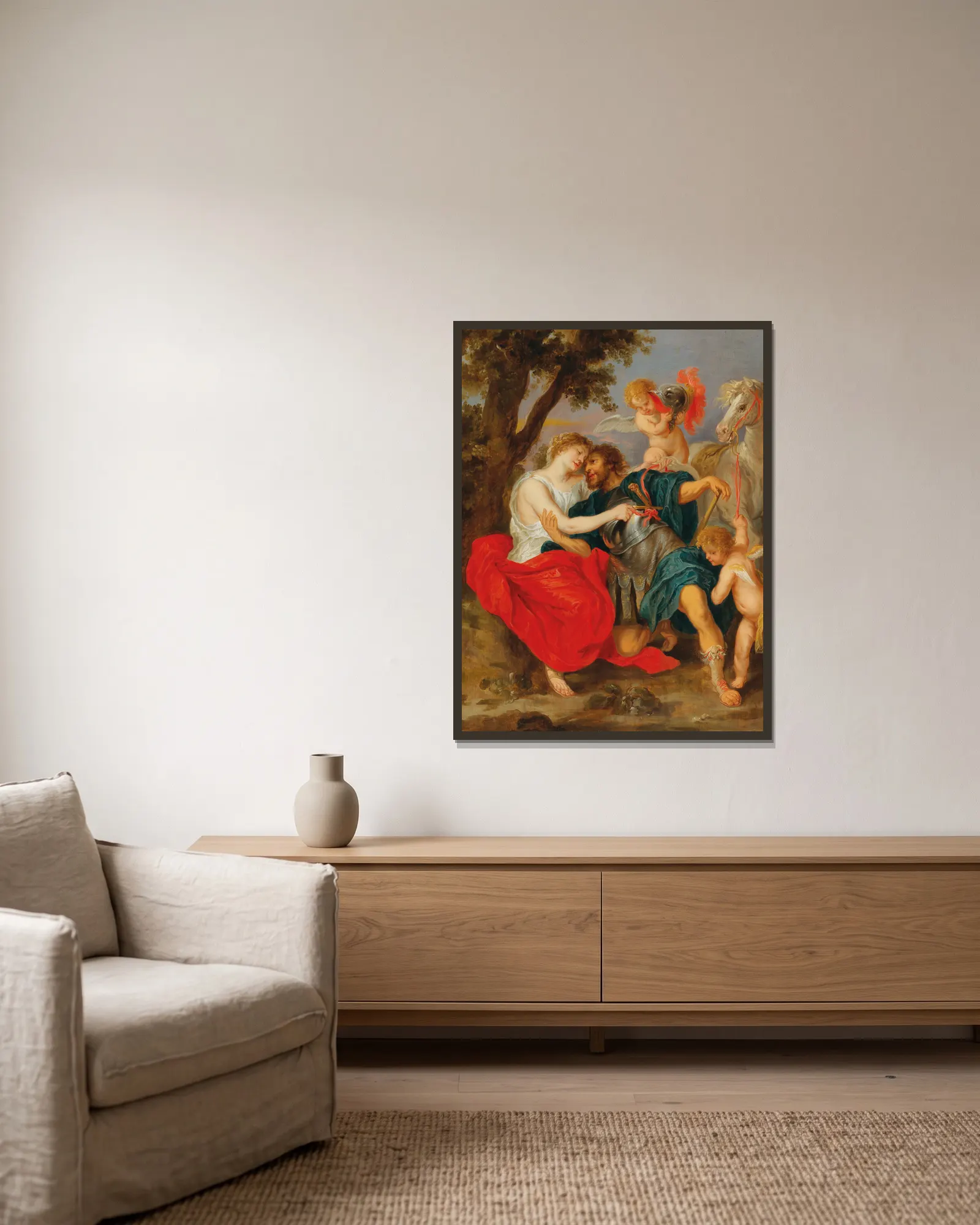 Venus disarming Mars av Follower of Peter Paul Rubens inramad på en vägg