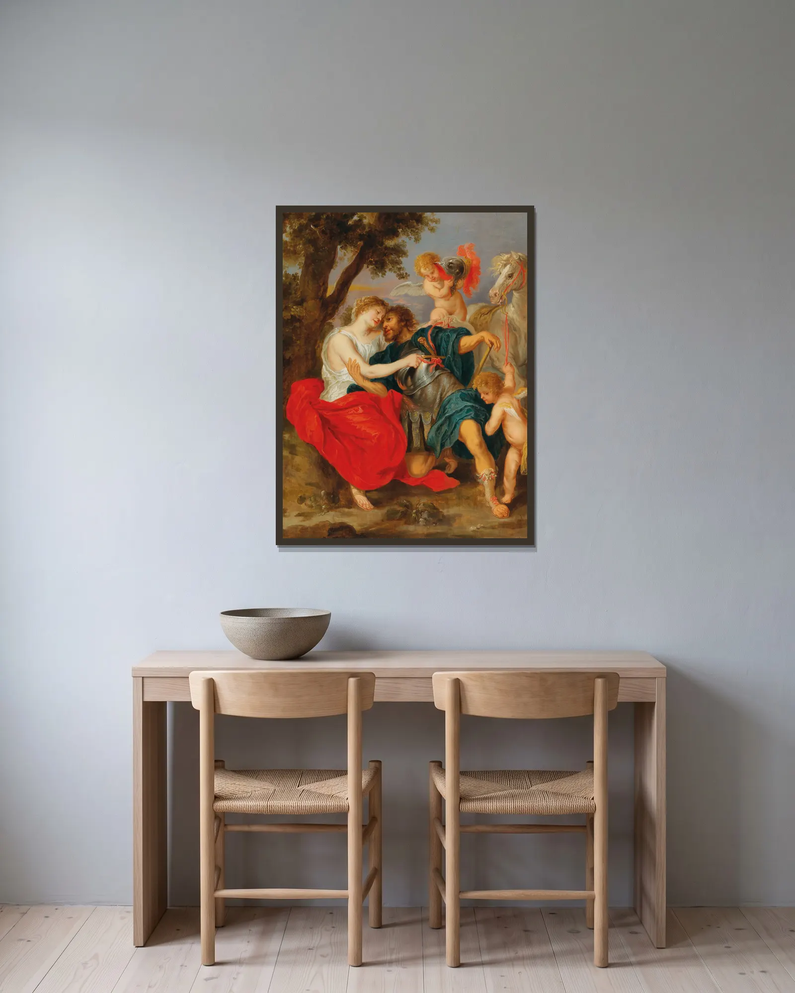 Venus disarming Mars av Follower of Peter Paul Rubens inramad på en vägg
