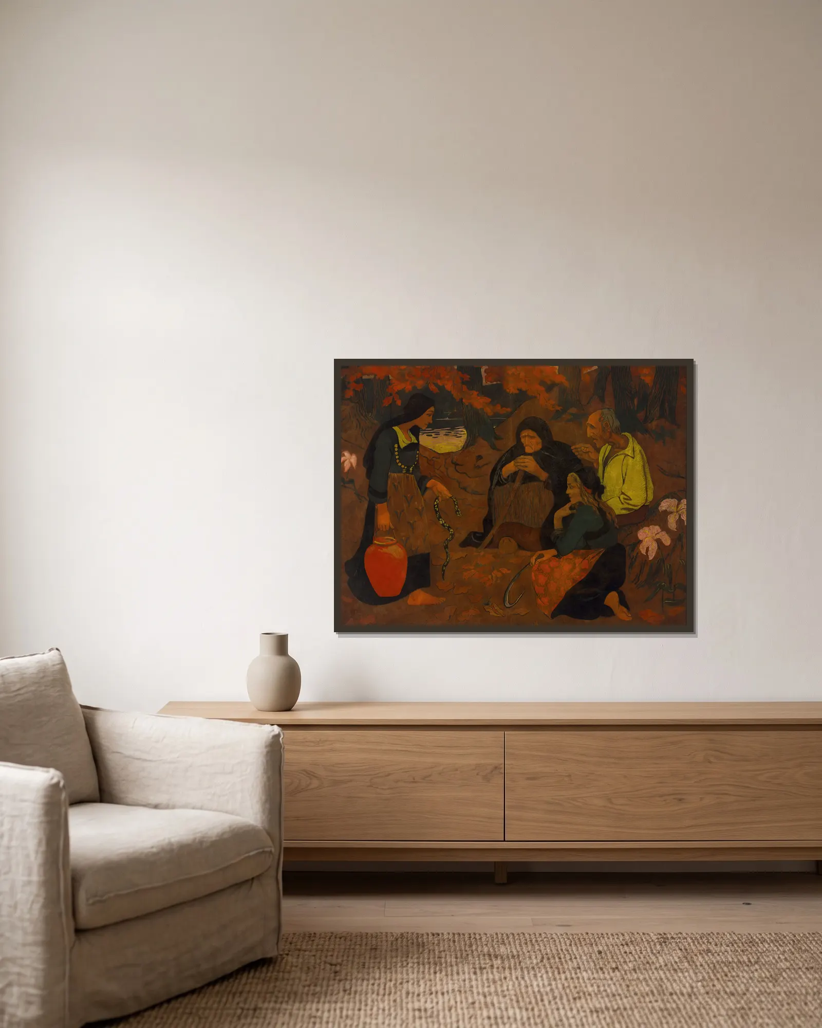 Serpent eaters (Les mangeurs des serpents) av Paul Sérusier inramad på en vägg